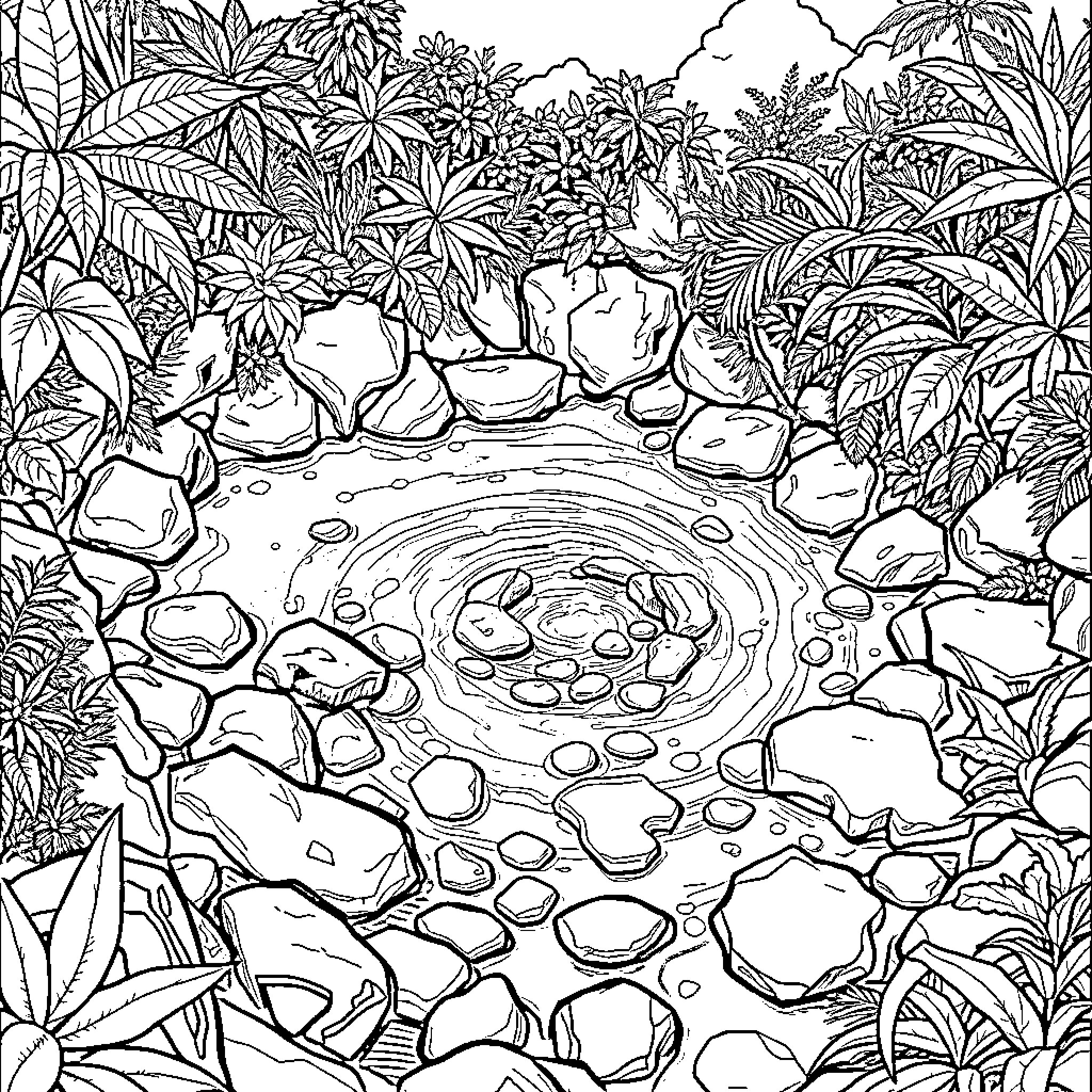 Boiling Hole in Lush Tropical Landscape Coloring Page (free black-and-white line drawing printable PDF for all, from beginners to advanced learners, including children, teens, adults, and seniors)
