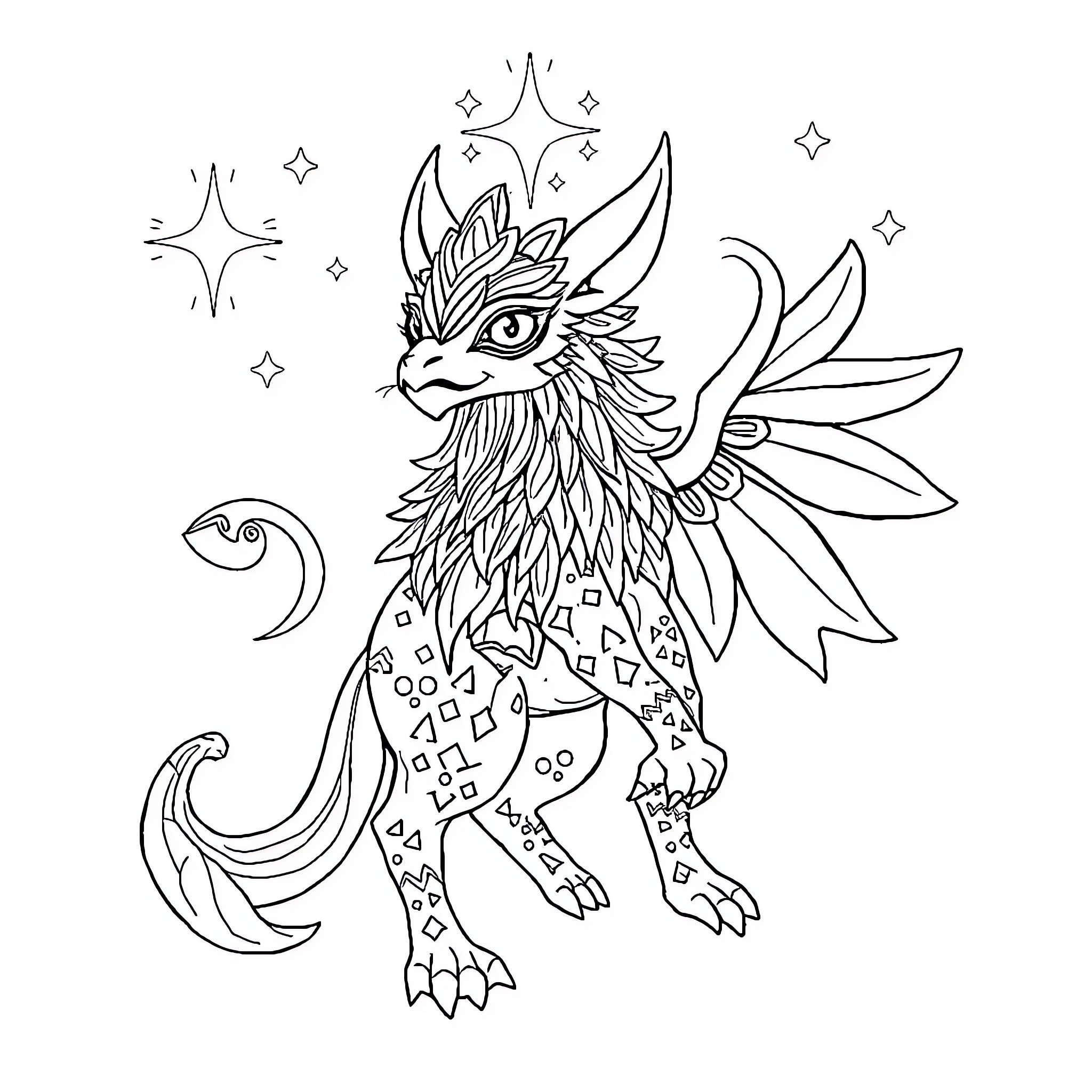 Yatuja the Fantastical Creature Coloring Page (free black-and-white line drawing printable PDF for all, from beginners to advanced learners, including children, teens, adults, and seniors)