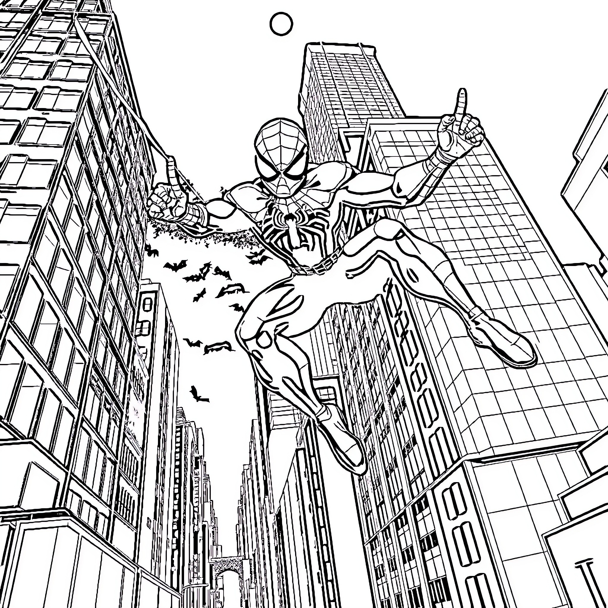 Spiderman swinging through the city at night Coloring Page (free black-and-white line drawing printable PDF for all, from beginners to advanced learners, including children, teens, adults, and seniors)