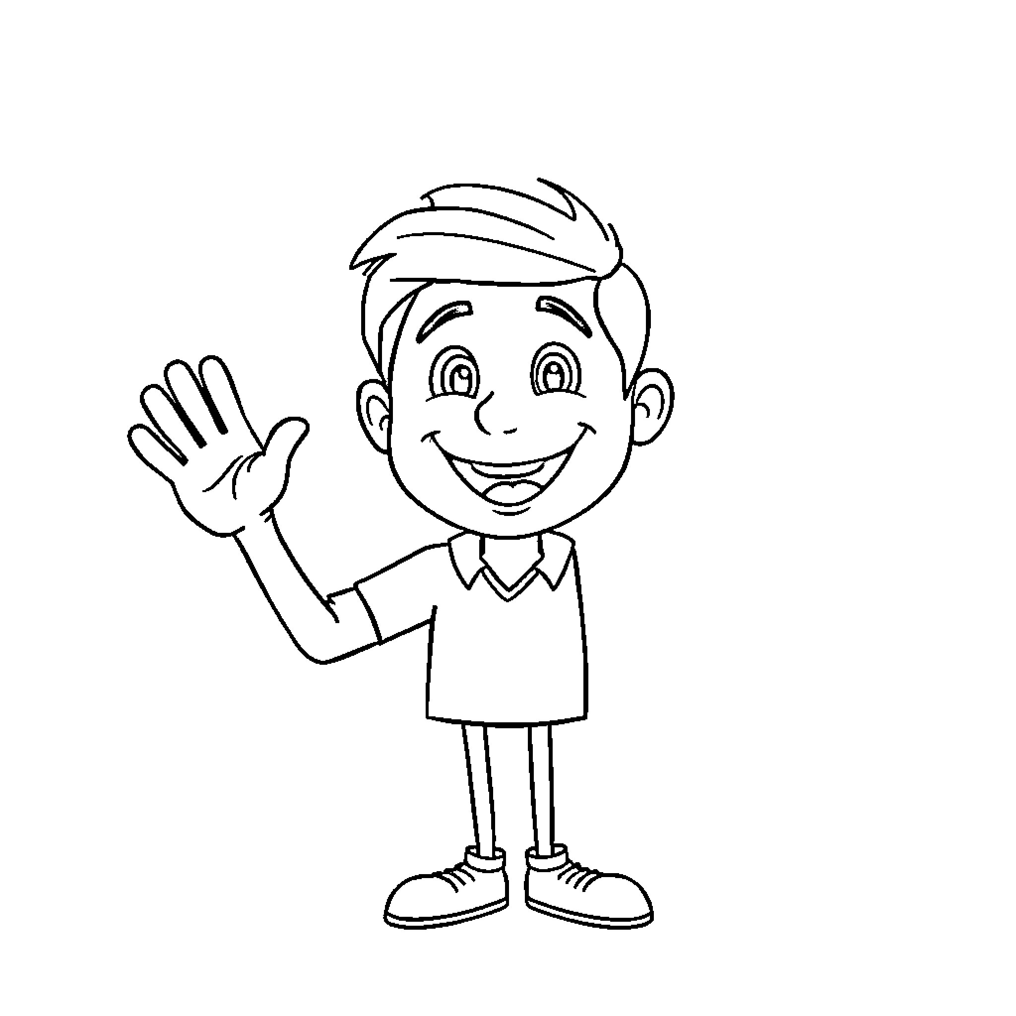 Hi Friendly cartoon boy waving happily Coloring Page (free black-and-white line drawing printable PDF for all, from beginners to advanced learners, including children, teens, adults, and seniors)