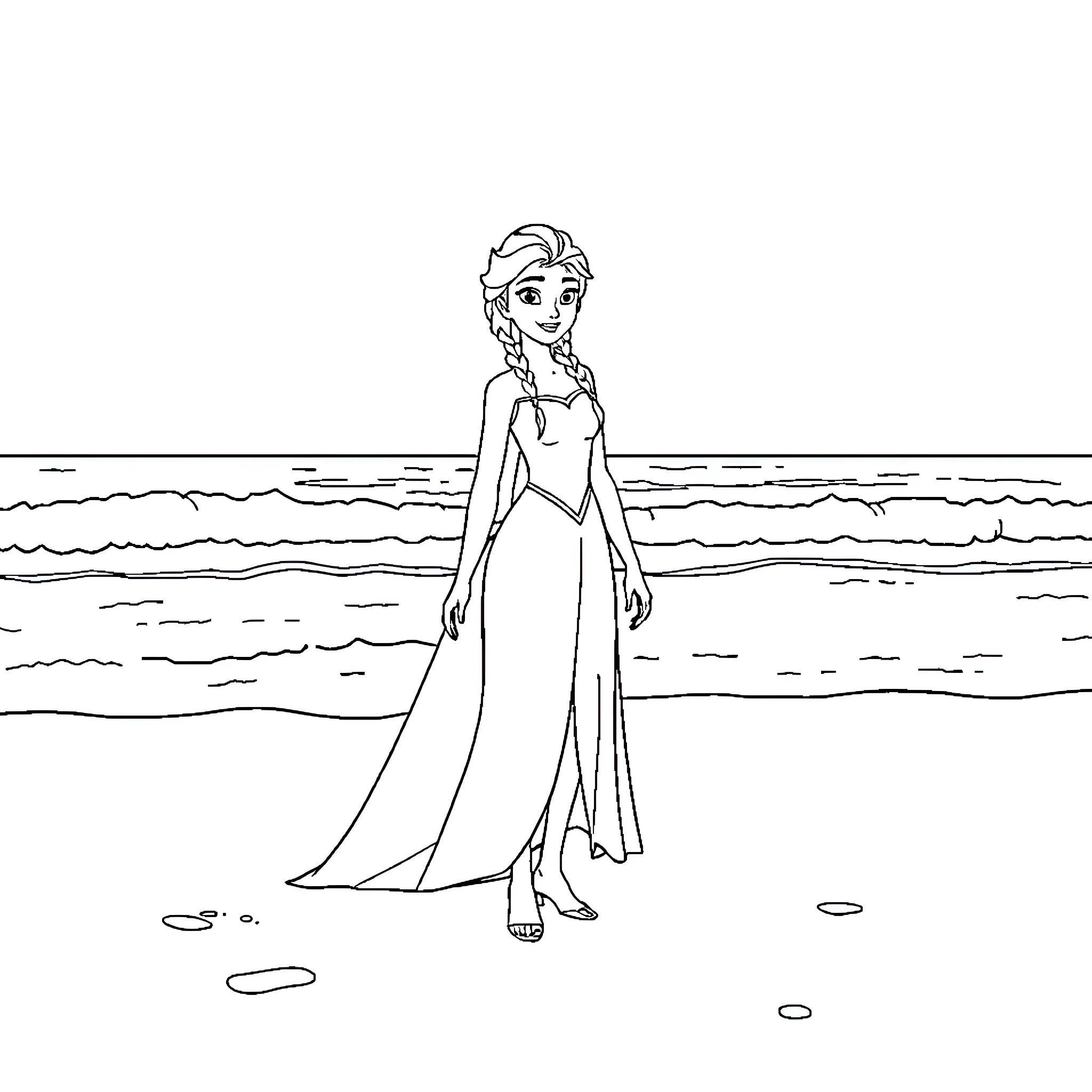 Elsa strolling by the tranquil ocean Coloring Page (free black-and-white line drawing printable PDF for all, from beginners to advanced learners, including children, teens, adults, and seniors)