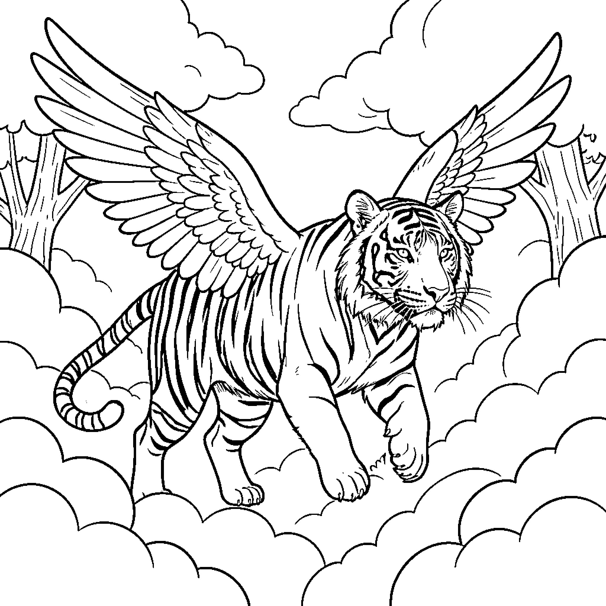 Tiger with Majestic Wings in the Clouds Coloring Page (free black-and-white line drawing printable PDF for all, from beginners to advanced learners, including children, teens, adults, and seniors)