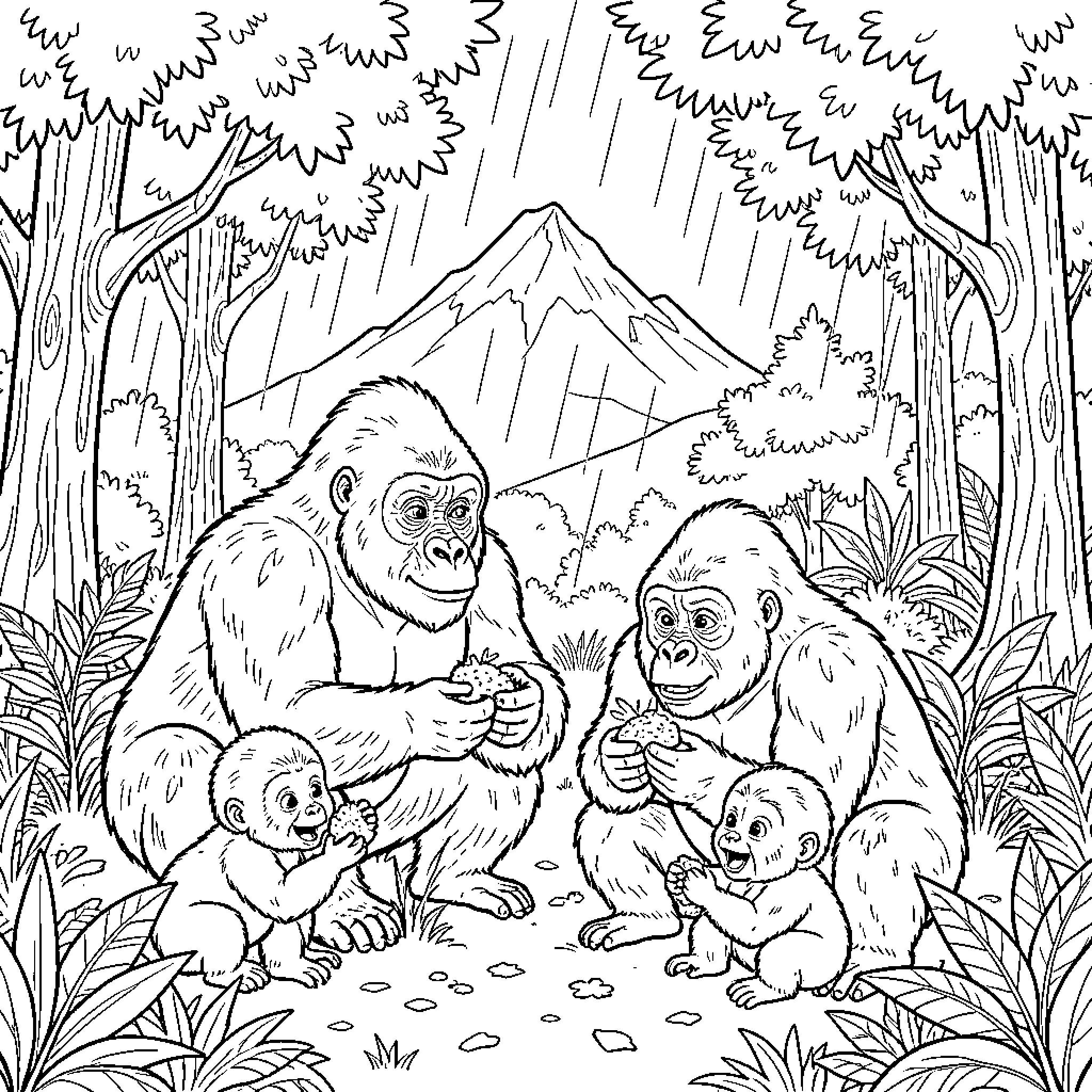 Gorillas eating in the tropical forest Coloring Page (free black-and-white line drawing printable PDF for all, from beginners to advanced learners, including children, teens, adults, and seniors)