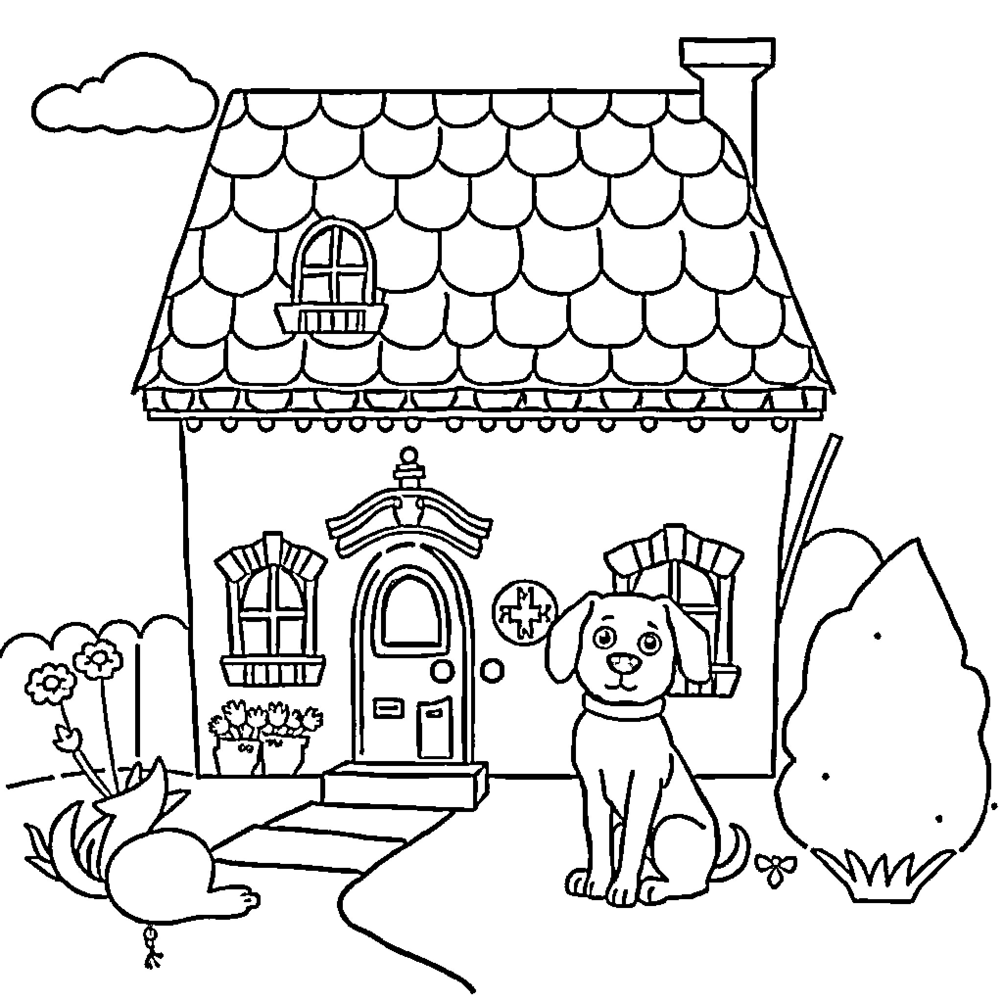 Dollhouse with Playful Puppy Scene Coloring Page (free black-and-white line drawing printable PDF for all, from beginners to advanced learners, including children, teens, adults, and seniors)