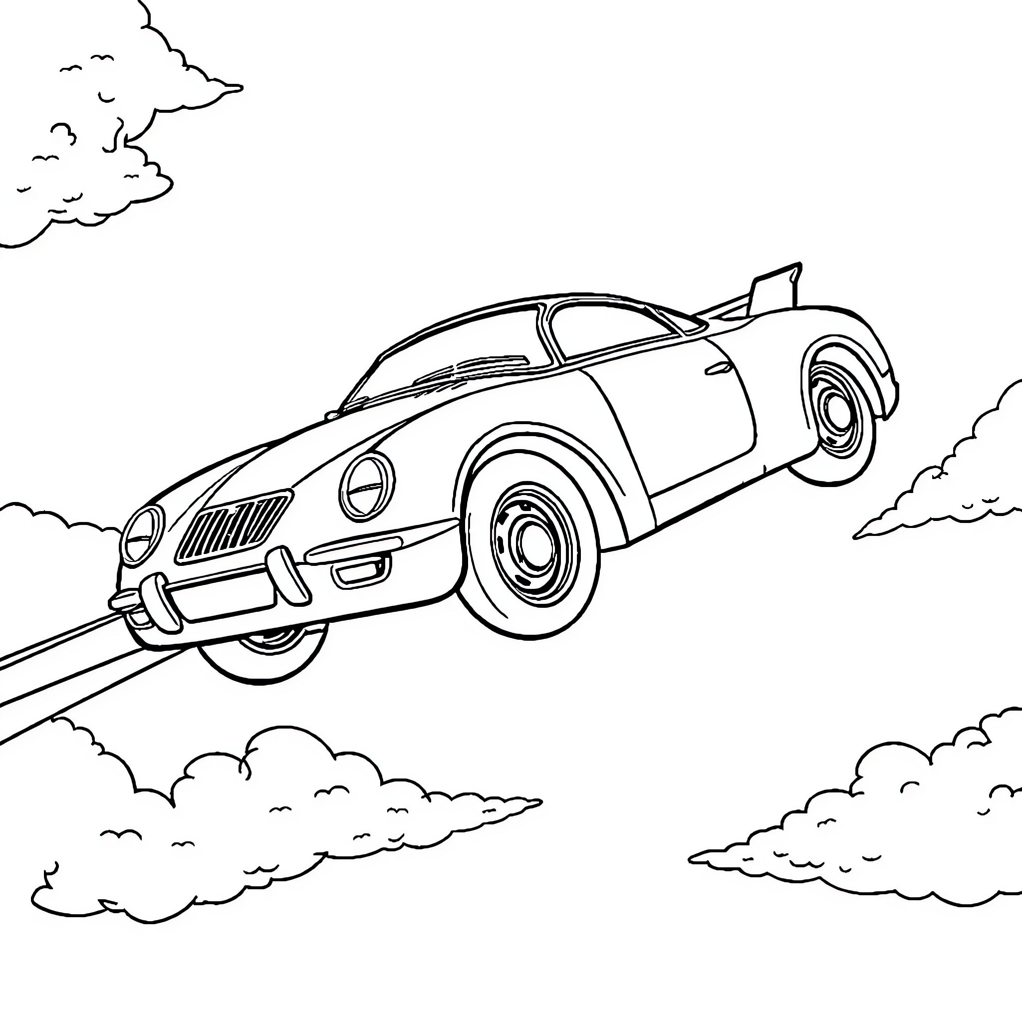 Flying Car soaring through cloudy skies Coloring Page (free black-and-white line drawing printable PDF for all, from beginners to advanced learners, including children, teens, adults, and seniors)