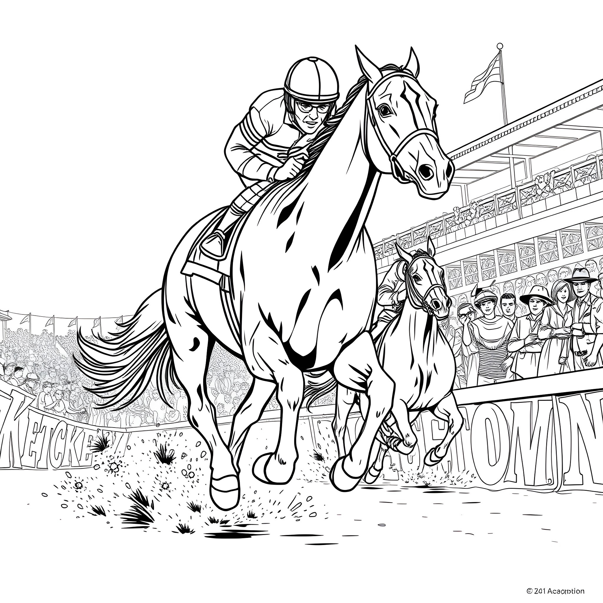 Jockey riding a racing horse in a stadium Coloring Page (free black-and-white line drawing printable PDF for all, from beginners to advanced learners, including children, teens, adults, and seniors)