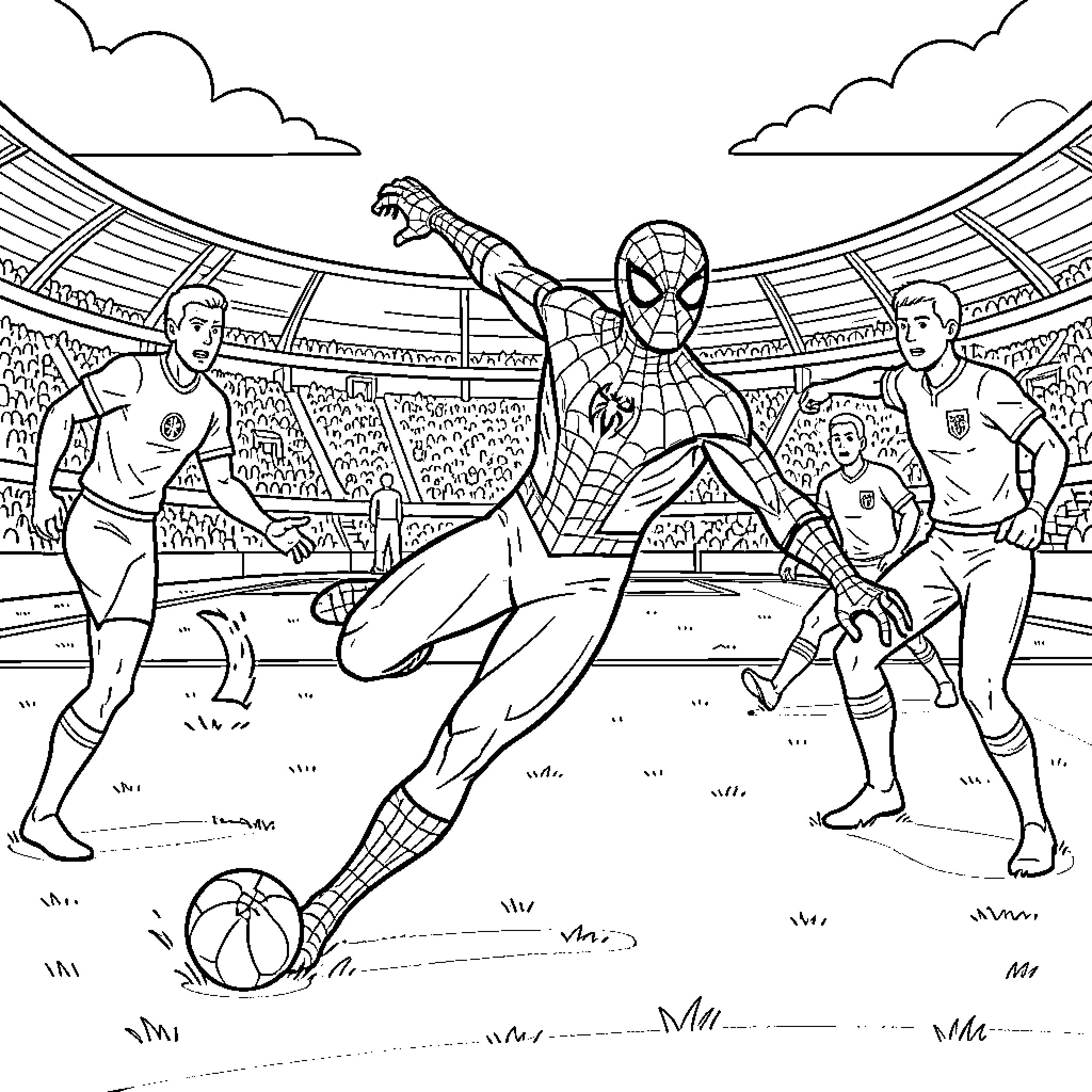 Spiderman playing soccer in a crowded stadium Coloring Page (free black-and-white line drawing printable PDF for all, from beginners to advanced learners, including children, teens, adults, and seniors)