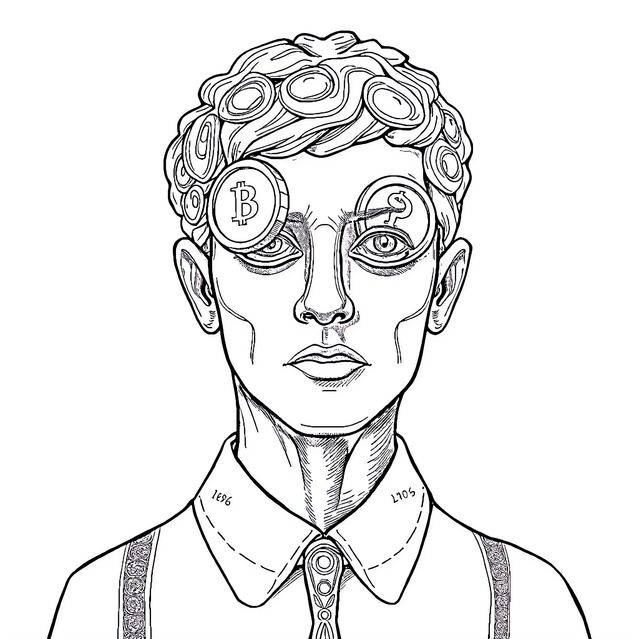 Money-Focused Man with Symbols and Gears Coloring Page (free black-and-white line drawing printable PDF for all, from beginners to advanced learners, including children, teens, adults, and seniors)