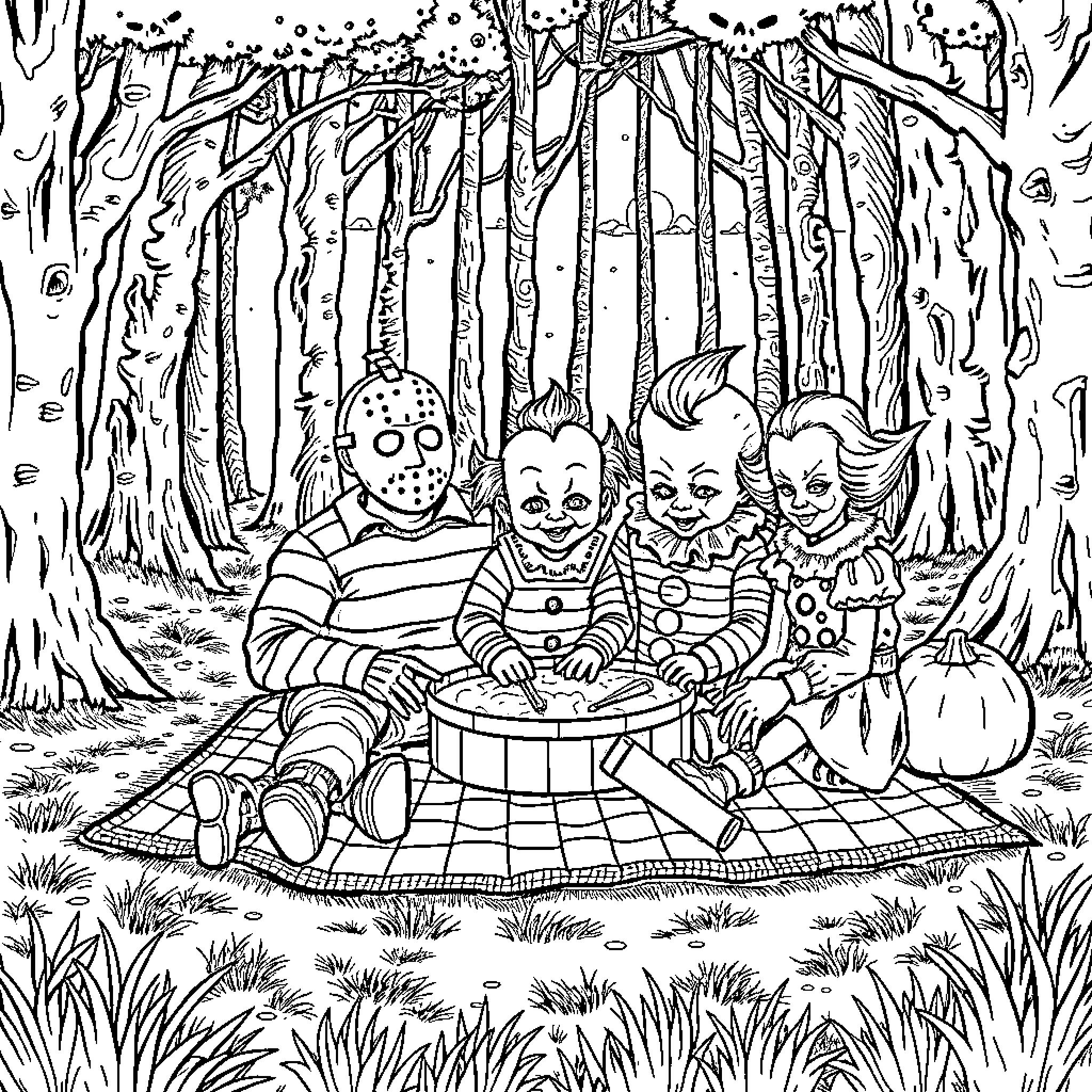 Horror Characters Enjoying a Picnic in the Woods Coloring Page (free black-and-white line drawing printable PDF for all, from beginners to advanced learners, including children, teens, adults, and seniors)