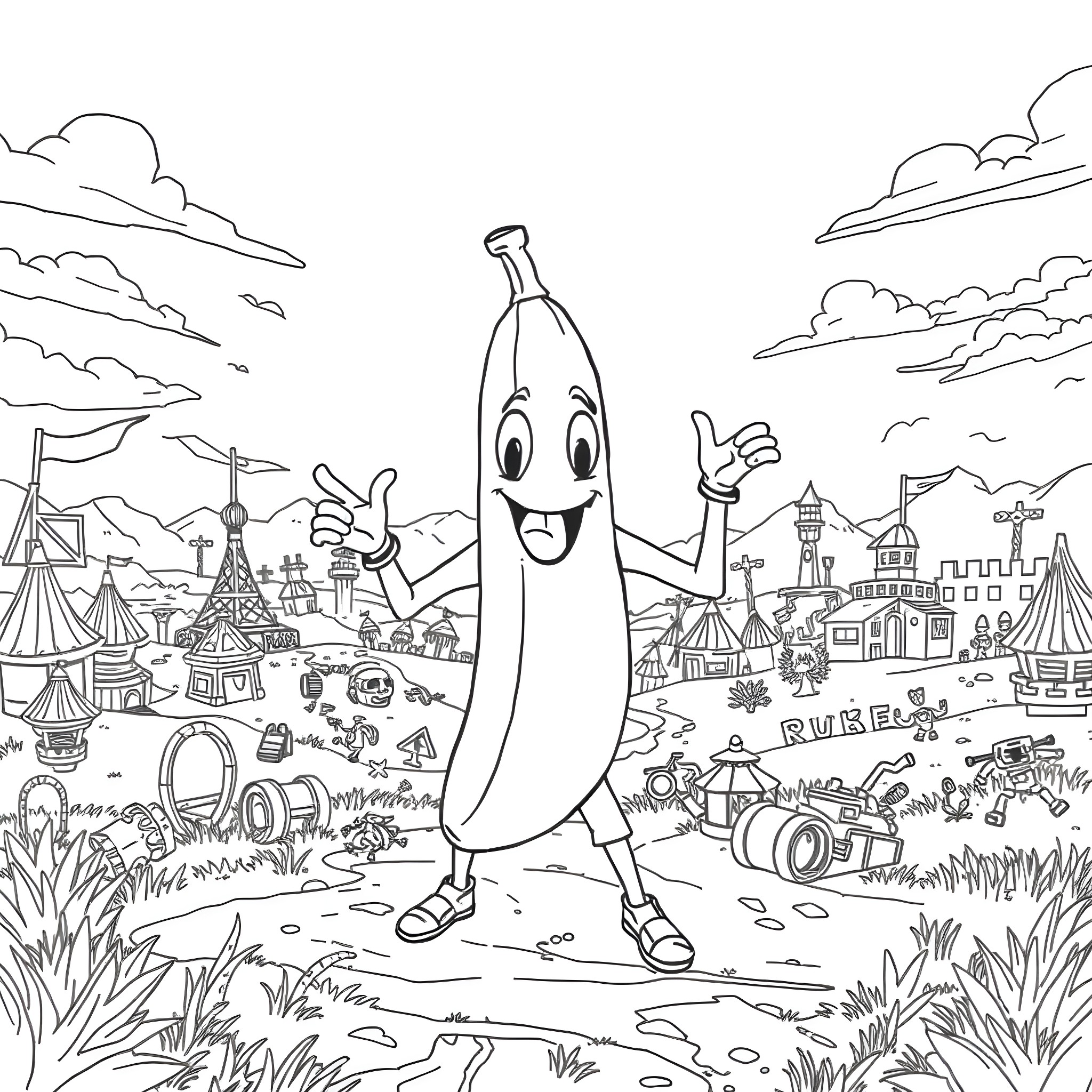 Peely character exploring a lively carnival scene Coloring Page (free black-and-white line drawing printable PDF for all, from beginners to advanced learners, including children, teens, adults, and seniors)
