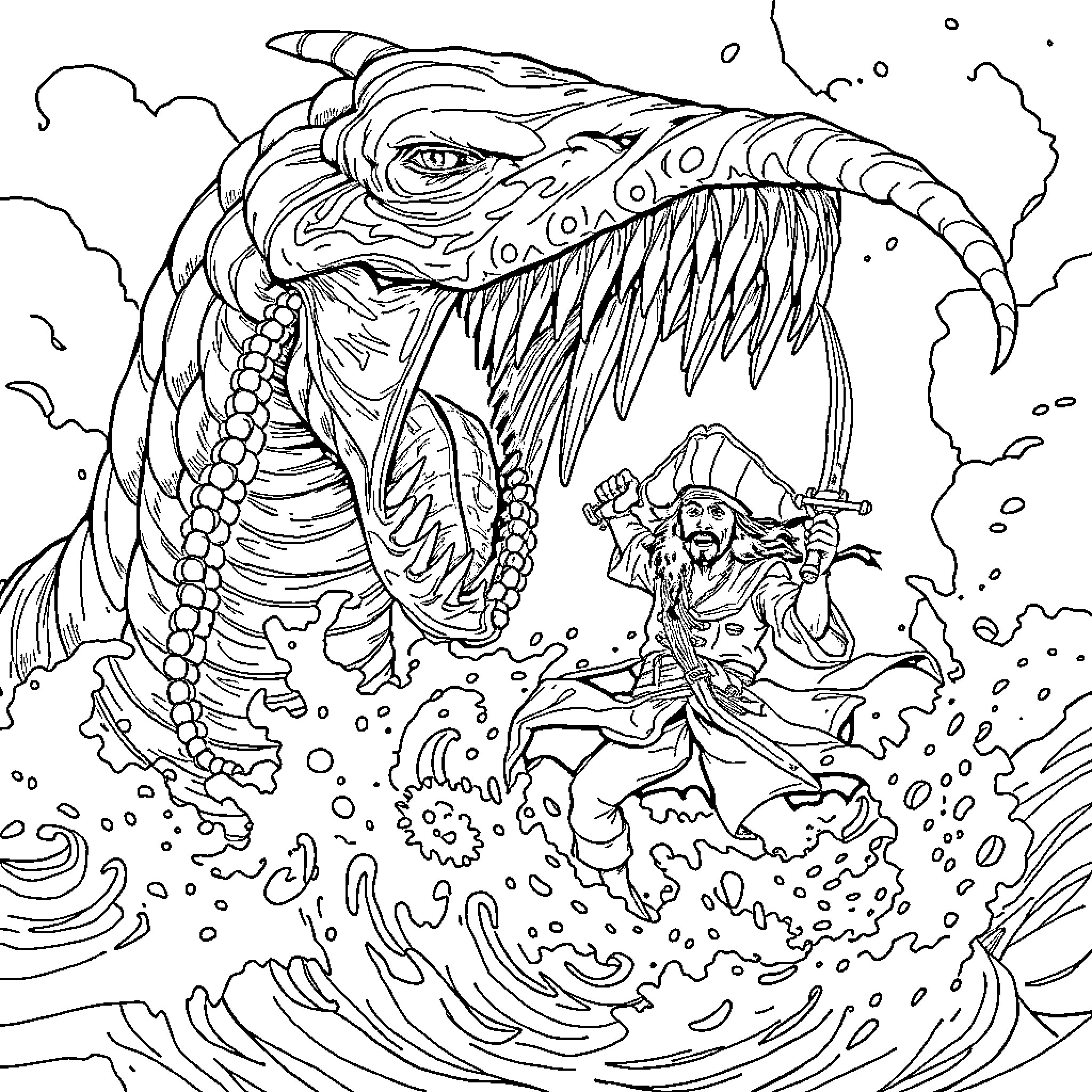 Jack Sparrow battling a monstrous sea creature Coloring Page (free black-and-white line drawing printable PDF for all, from beginners to advanced learners, including children, teens, adults, and seniors)
