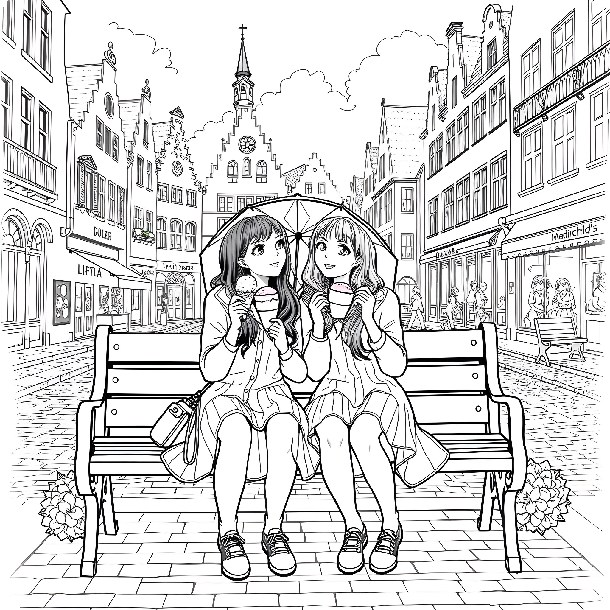 Girls enjoying a rainy day in the city Coloring Page (free black-and-white line drawing printable PDF for all, from beginners to advanced learners, including children, teens, adults, and seniors)