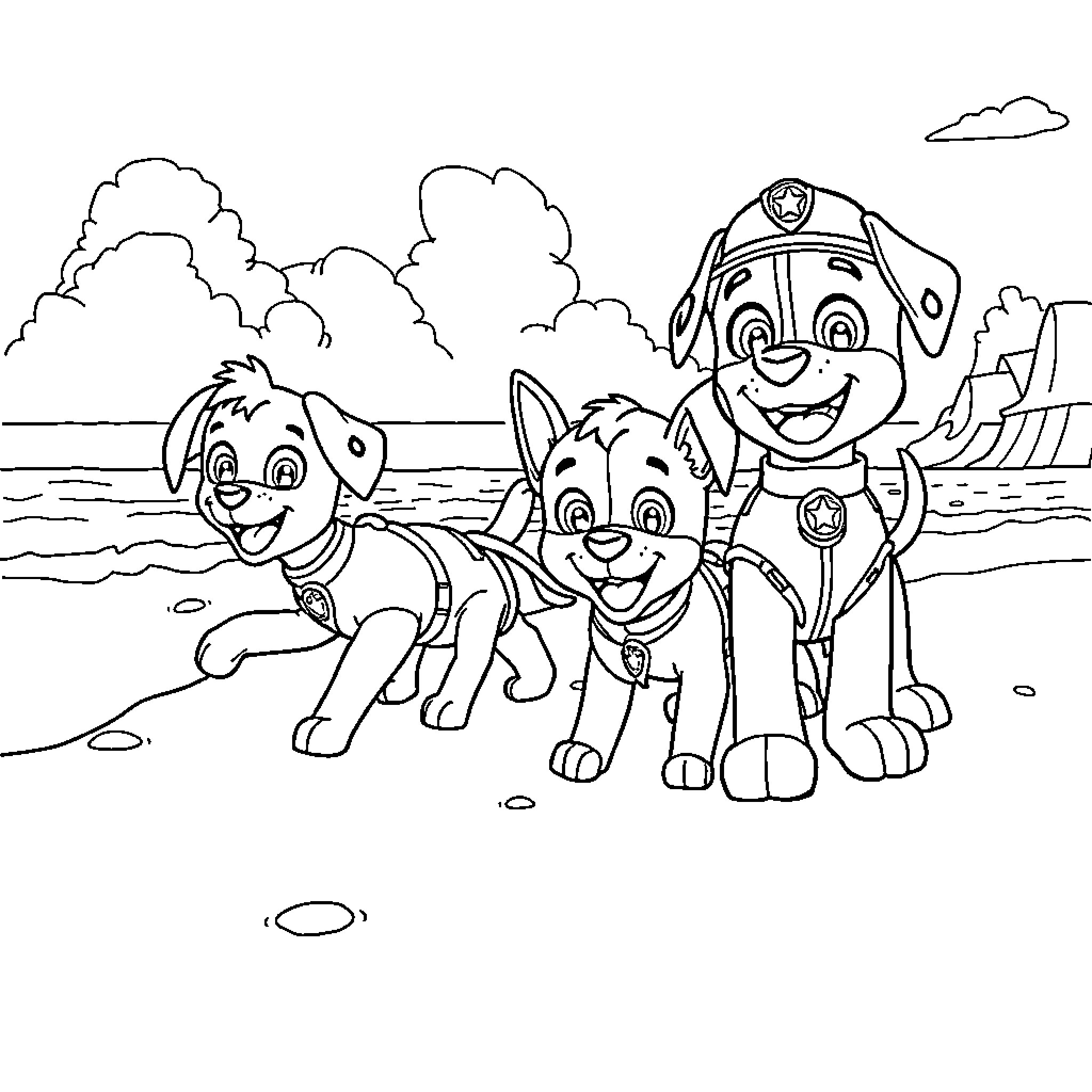 Dog Paw Patrol team playing on the beach Coloring Page (free black-and-white line drawing printable PDF for all, from beginners to advanced learners, including children, teens, adults, and seniors)