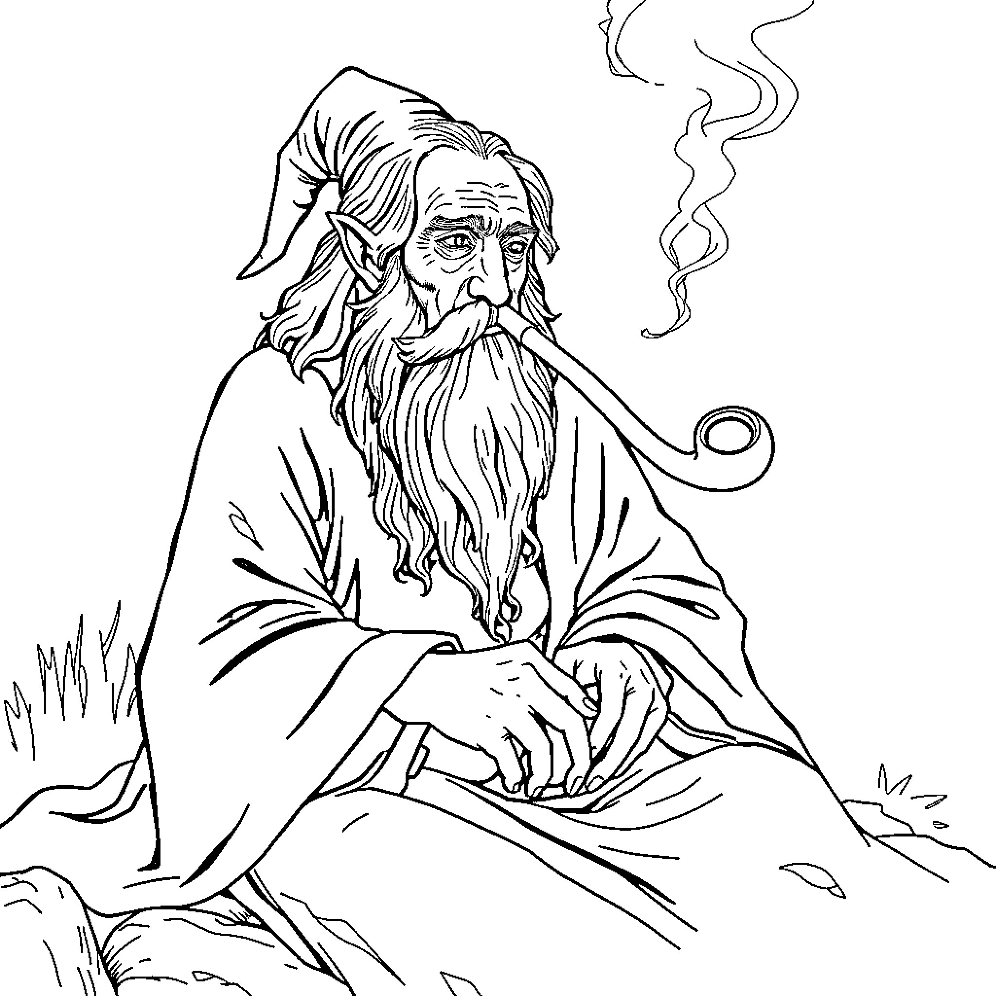 Gandalf the wizard contemplating in nature Coloring Page (free black-and-white line drawing printable PDF for all, from beginners to advanced learners, including children, teens, adults, and seniors)