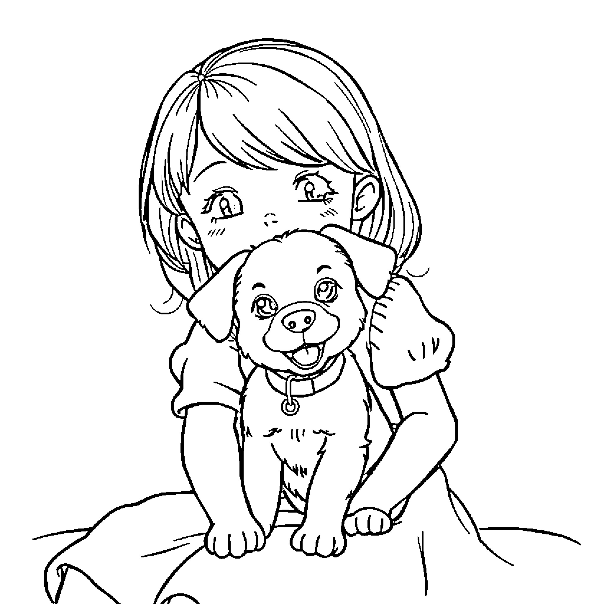 Dog Enjoying Affection from Young Girl Coloring Page (free black-and-white line drawing printable PDF for all, from beginners to advanced learners, including children, teens, adults, and seniors)