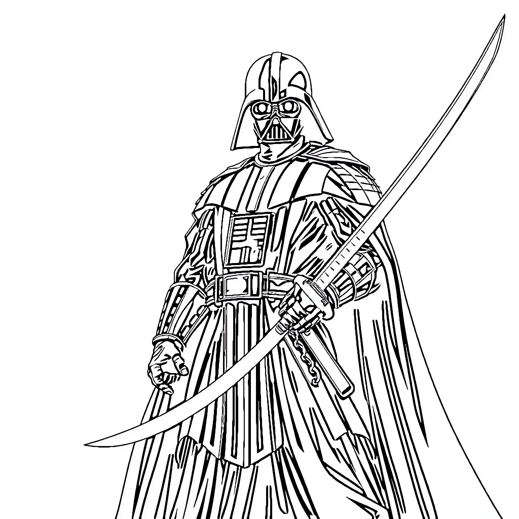 Darth Vader, the Galactic Enforcer, Wielding His Lightsaber Coloring Page (free black-and-white line drawing printable PDF for all, from beginners to advanced learners, including children, teens, adults, and seniors)