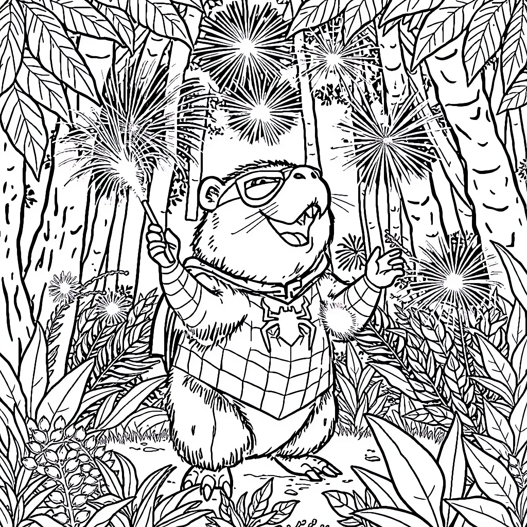 Capybara enjoying a vibrant tropical forest scene Coloring Page (free black-and-white line drawing printable PDF for all, from beginners to advanced learners, including children, teens, adults, and seniors)