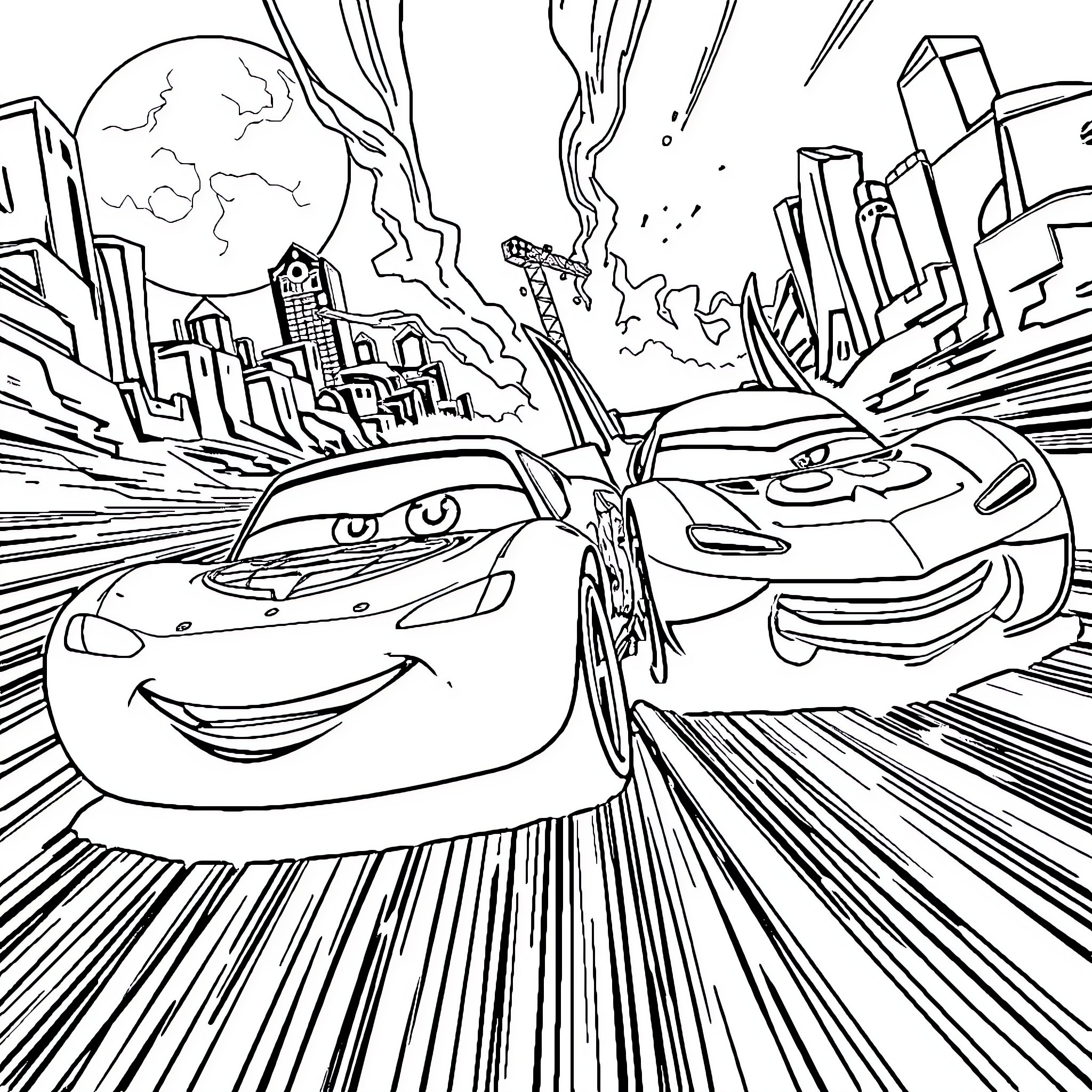 Car chase through the city skyline Coloring Page (free black-and-white line drawing printable PDF for all, from beginners to advanced learners, including children, teens, adults, and seniors)