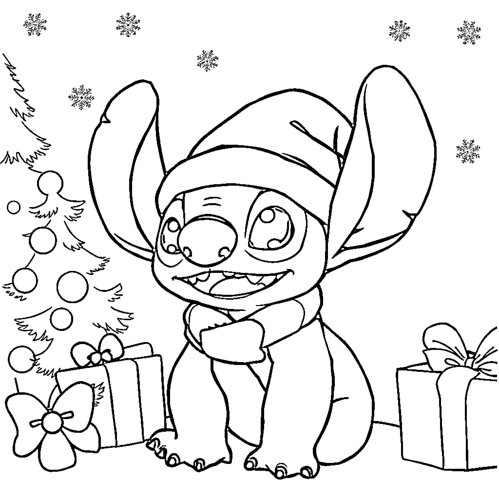 Stitch celebrating the holiday season Coloring Page (free black-and-white line drawing printable PDF for all, from beginners to advanced learners, including children, teens, adults, and seniors)