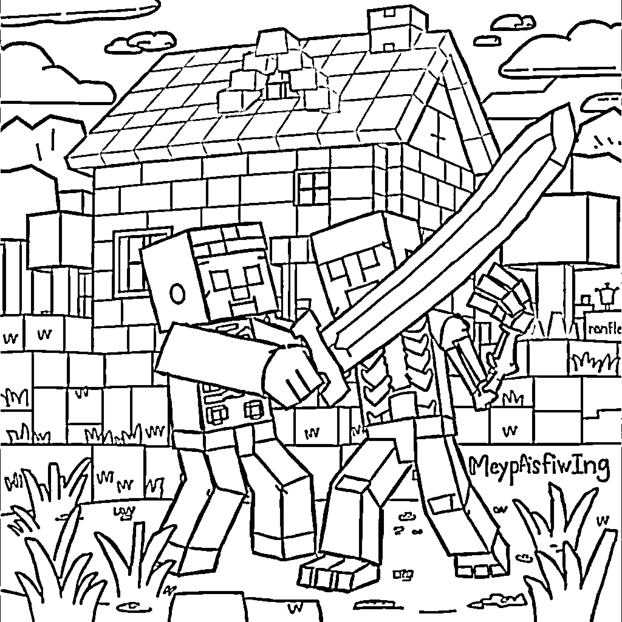 Minecraft Character Exploring Blocky Landscape Coloring Page (free black-and-white line drawing printable PDF for all, from beginners to advanced learners, including children, teens, adults, and seniors)