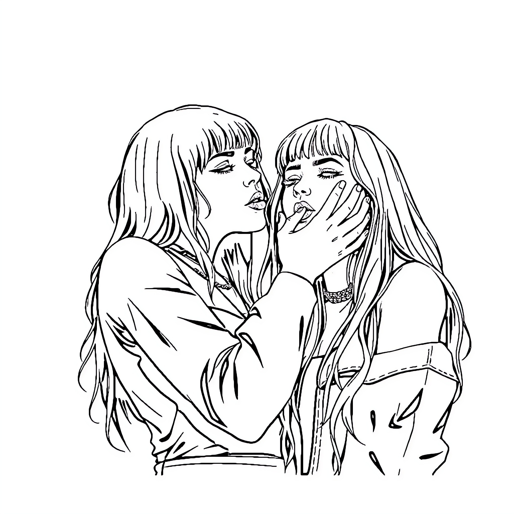 Billie Eilish Shares Intimate Moment with Another Woman Coloring Page (free black-and-white line drawing printable PDF for all, from beginners to advanced learners, including children, teens, adults, and seniors)