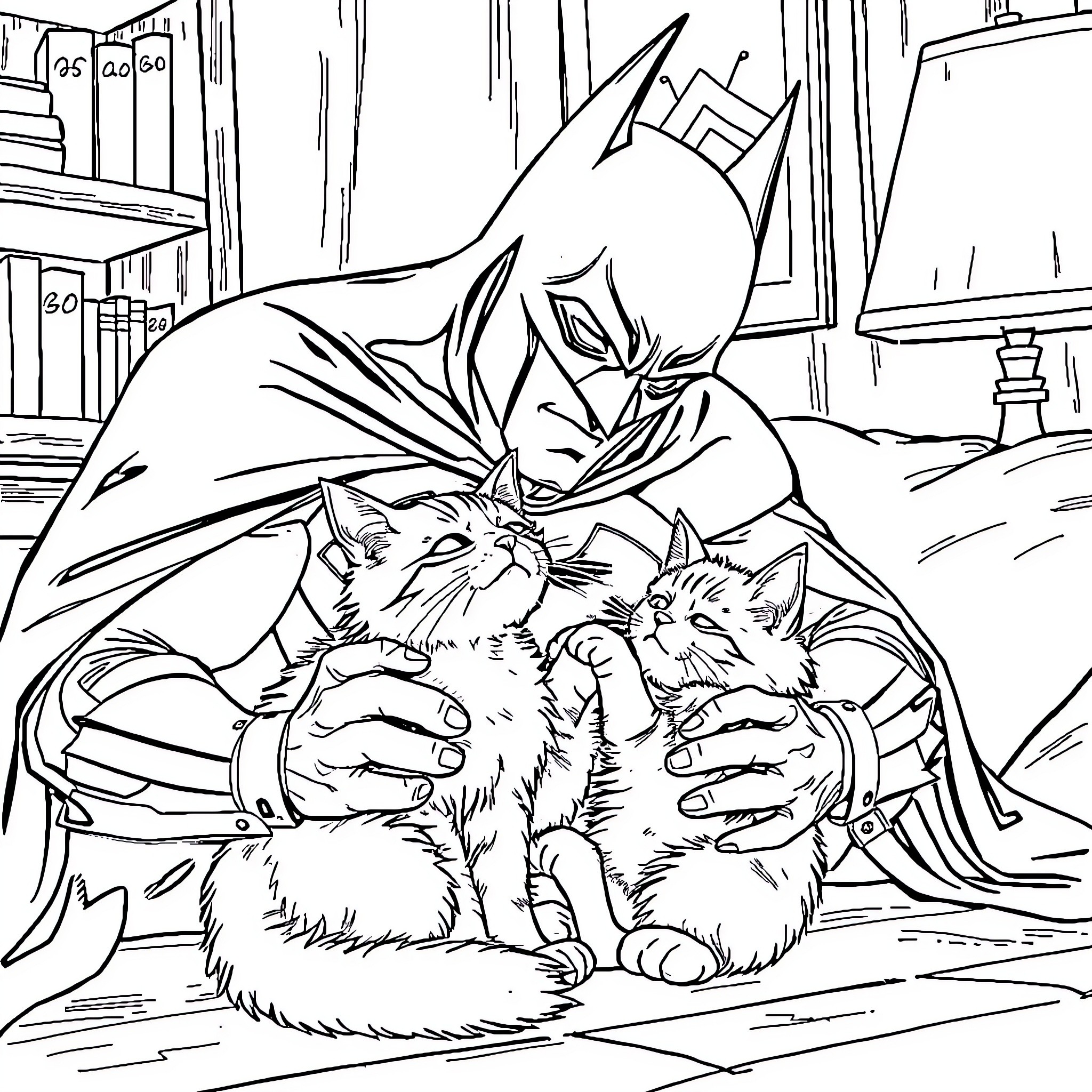 Batman Caring for Kittens in Gotham City Coloring Page (free black-and-white line drawing printable PDF for all, from beginners to advanced learners, including children, teens, adults, and seniors)