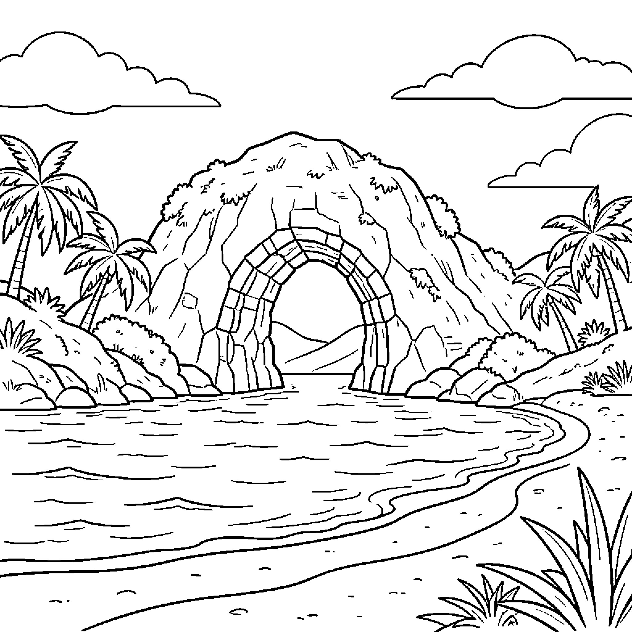 Pena tropical island landscape with a stone archway Coloring Page (free black-and-white line drawing printable PDF for all, from beginners to advanced learners, including children, teens, adults, and seniors)