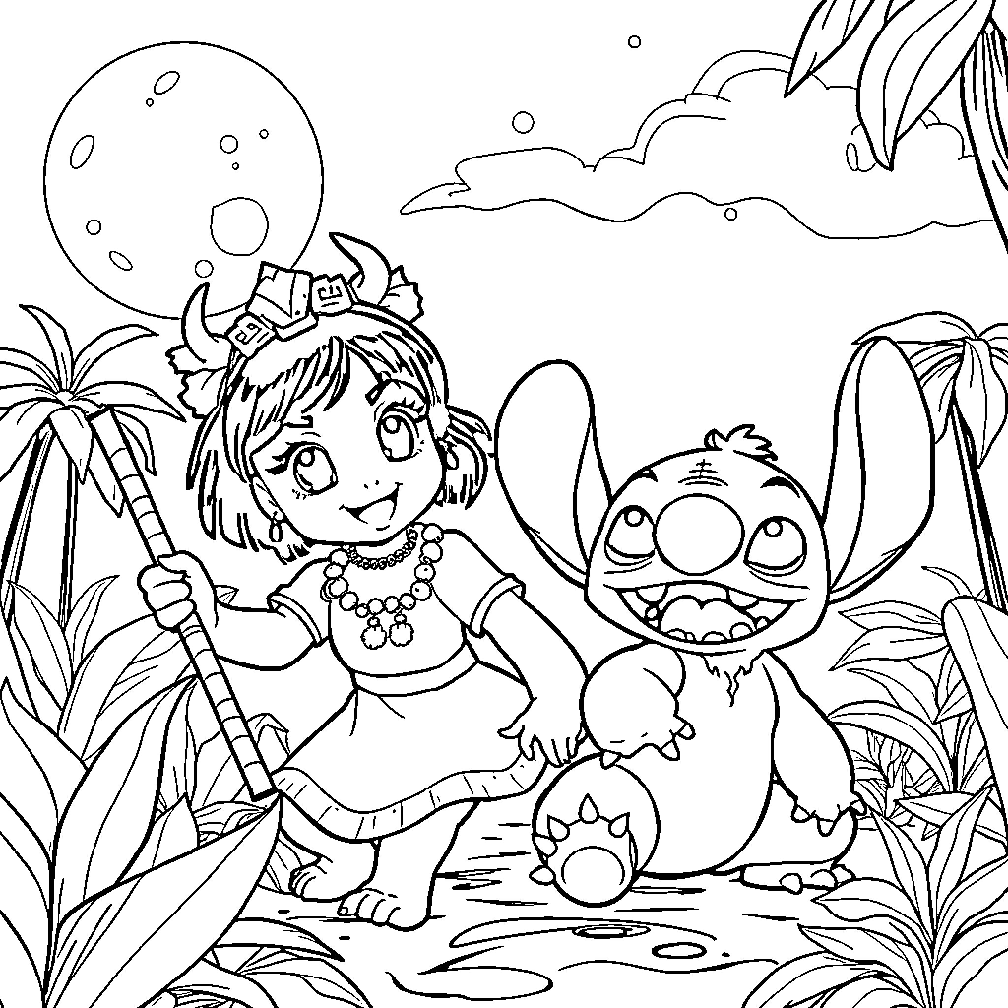 Rumi and Stitch Explore the Tropical Landscape Coloring Page (free black-and-white line drawing printable PDF for all, from beginners to advanced learners, including children, teens, adults, and seniors)