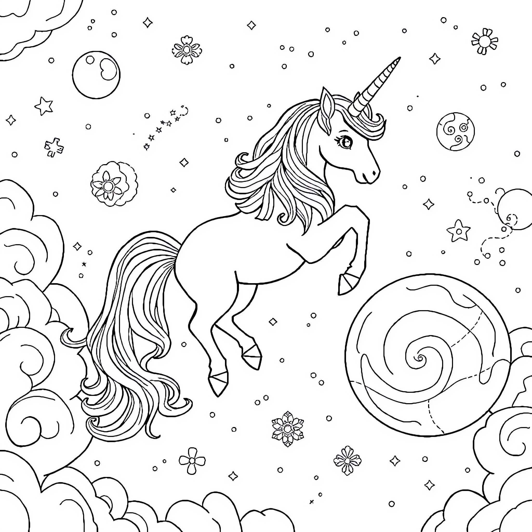 Unicorn in a Magical Wonderland Coloring Page (free black-and-white line drawing printable PDF for all, from beginners to advanced learners, including children, teens, adults, and seniors)