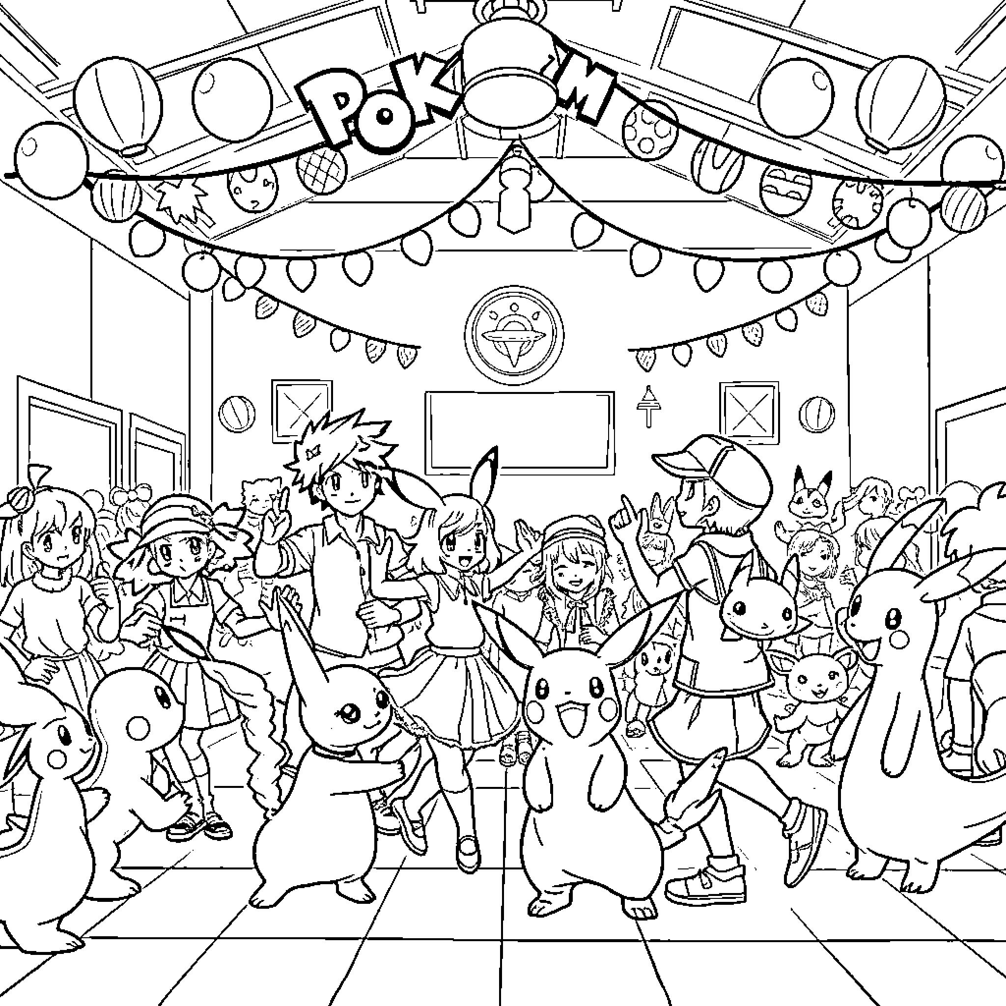 Pokémon characters celebrating a party Coloring Page (free black-and-white line drawing printable PDF for all, from beginners to advanced learners, including children, teens, adults, and seniors)