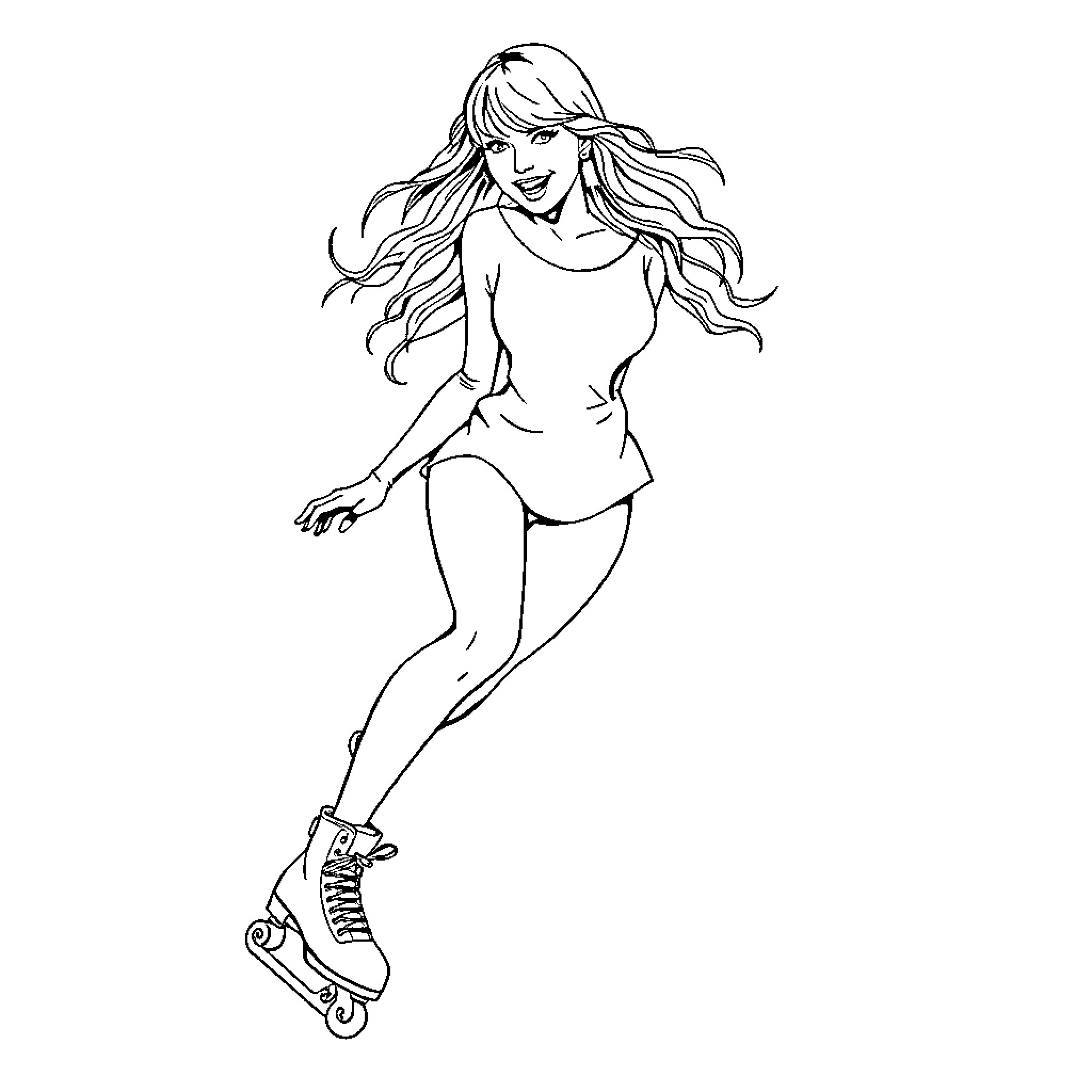 Taylor Swift roller-skating in a casual outfit Coloring Page (free black-and-white line drawing printable PDF for all, from beginners to advanced learners, including children, teens, adults, and seniors)
