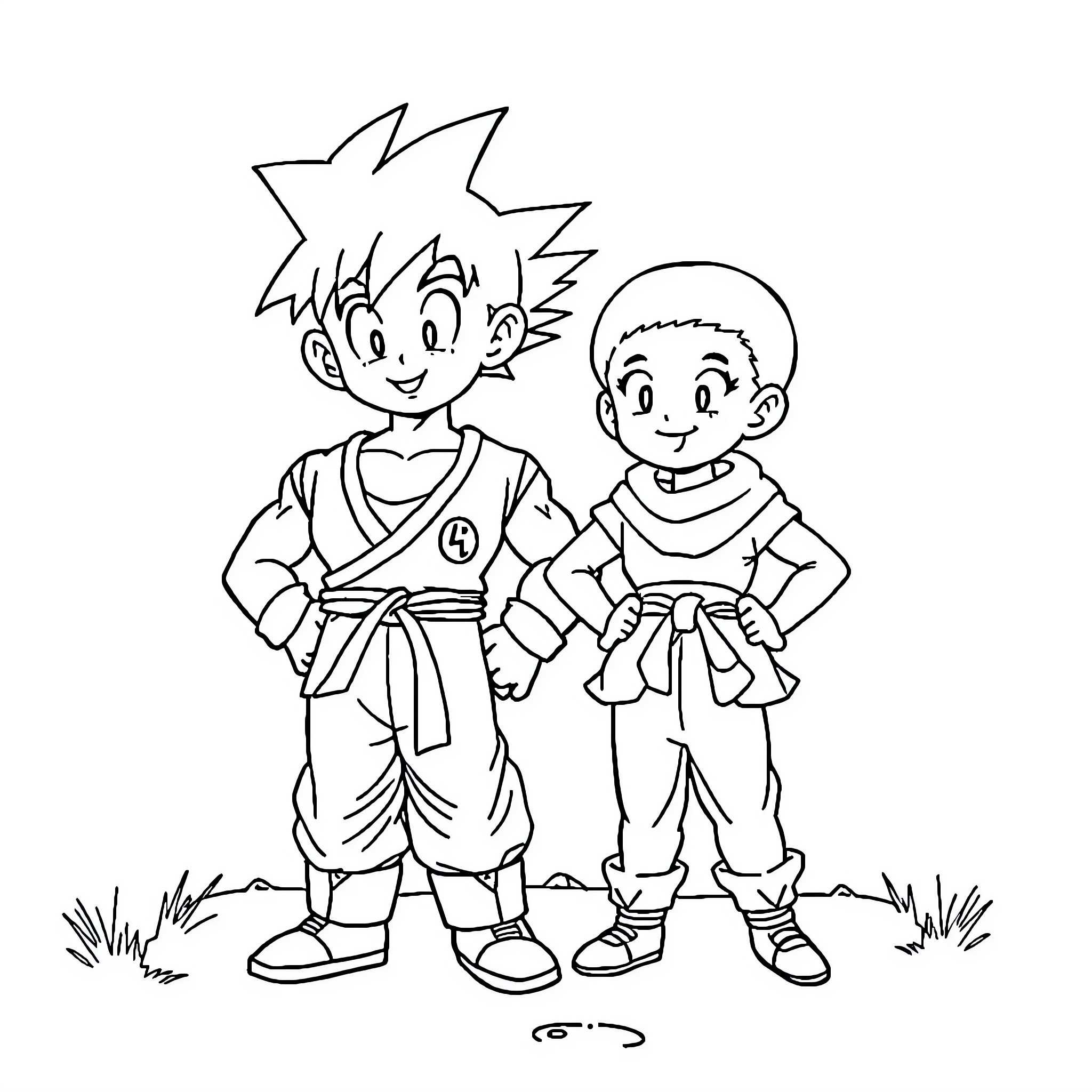 Sangoku: Young Friends Enjoying Outdoor Adventure Coloring Page (free black-and-white line drawing printable PDF for all, from beginners to advanced learners, including children, teens, adults, and seniors)