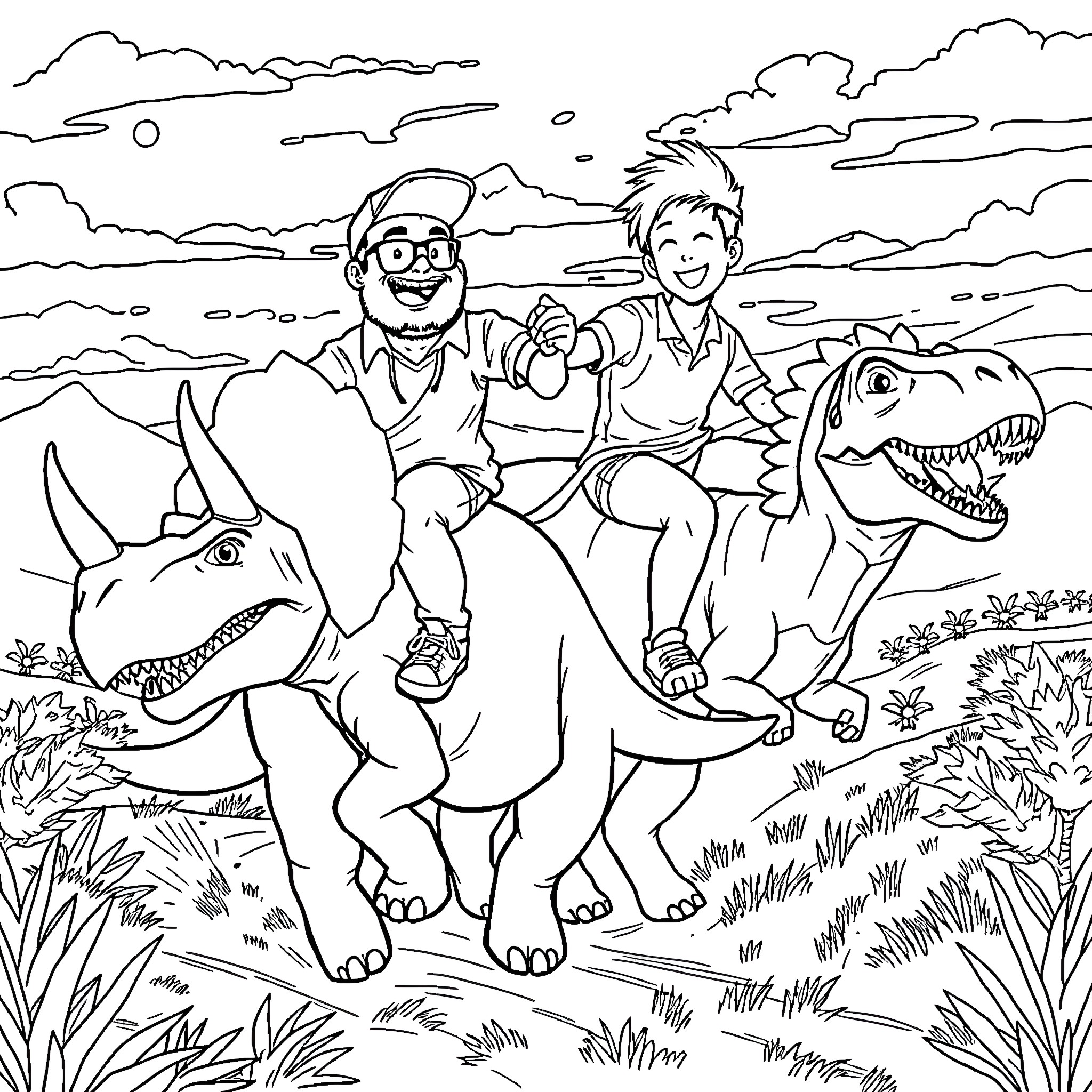 Dinosaur adventure with friends in the wild Coloring Page (free black-and-white line drawing printable PDF for all, from beginners to advanced learners, including children, teens, adults, and seniors)