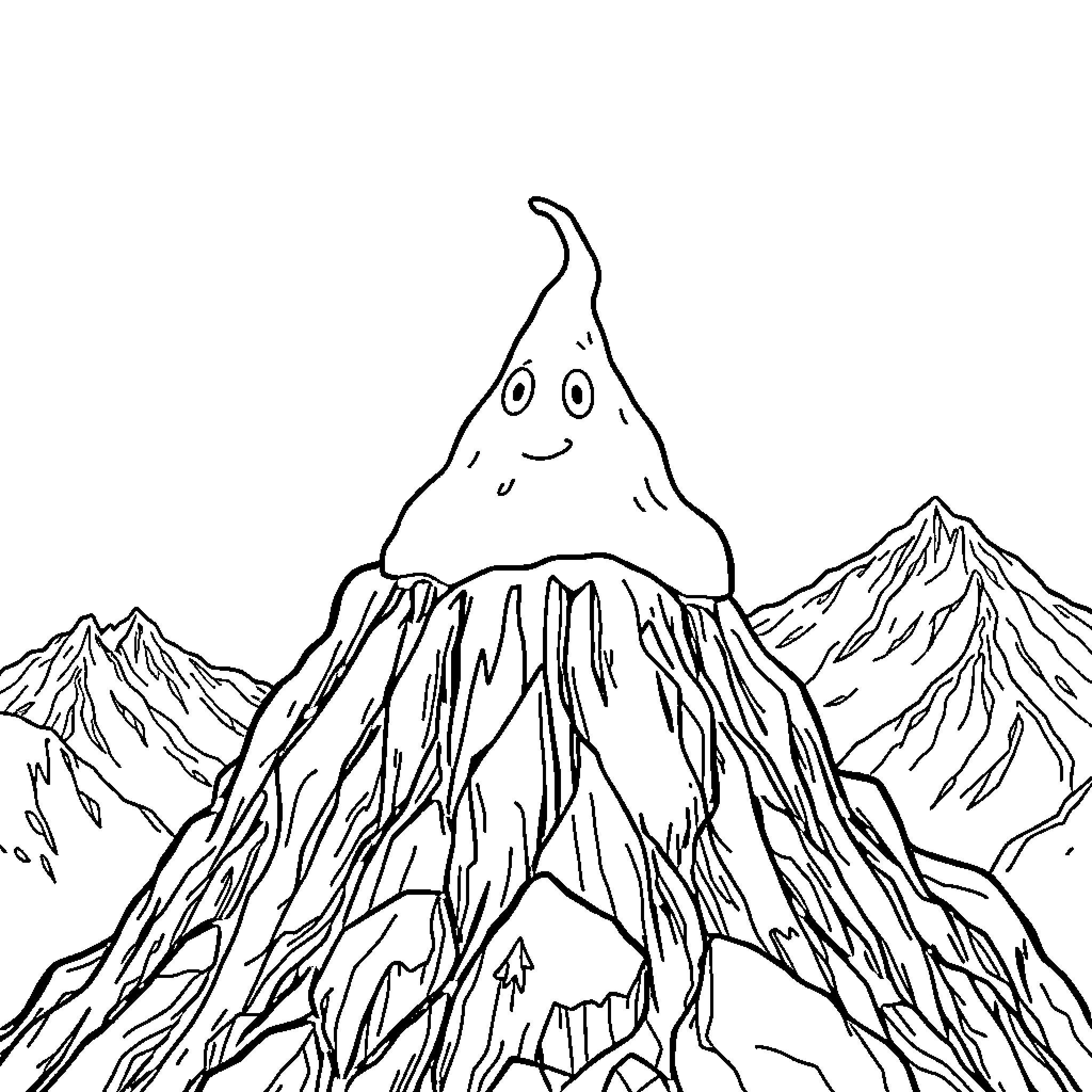 Poop character happily sitting on mountain peak Coloring Page (free black-and-white line drawing printable PDF for all, from beginners to advanced learners, including children, teens, adults, and seniors)