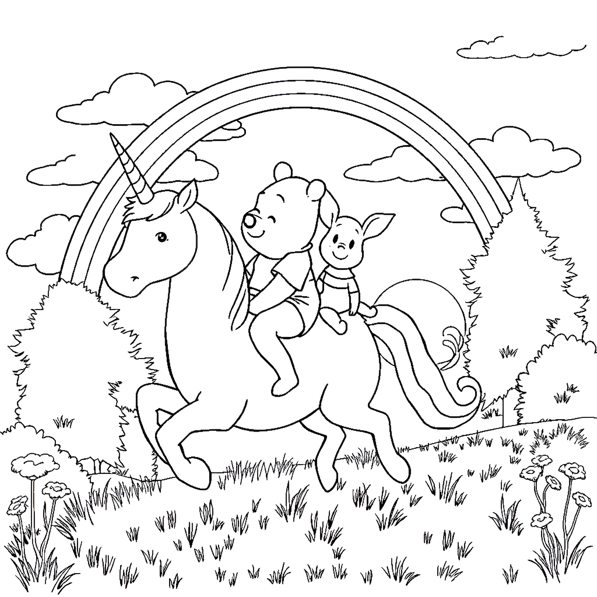 Winnie The Pooh and Friends Go On a Magical Ride Coloring Page (free black-and-white line drawing printable PDF for all, from beginners to advanced learners, including children, teens, adults, and seniors)