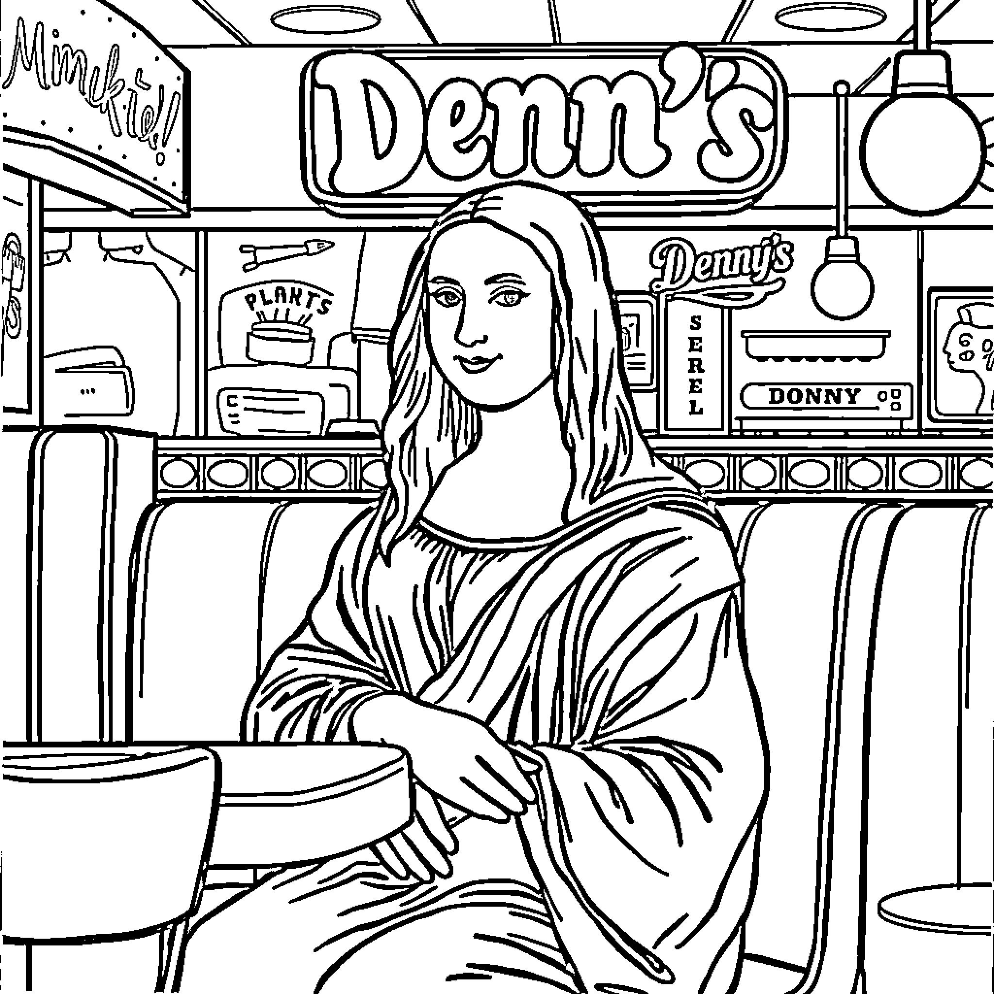 Mona Lisa at Denny's diner Coloring Page (free black-and-white line drawing printable PDF for all, from beginners to advanced learners, including children, teens, adults, and seniors)