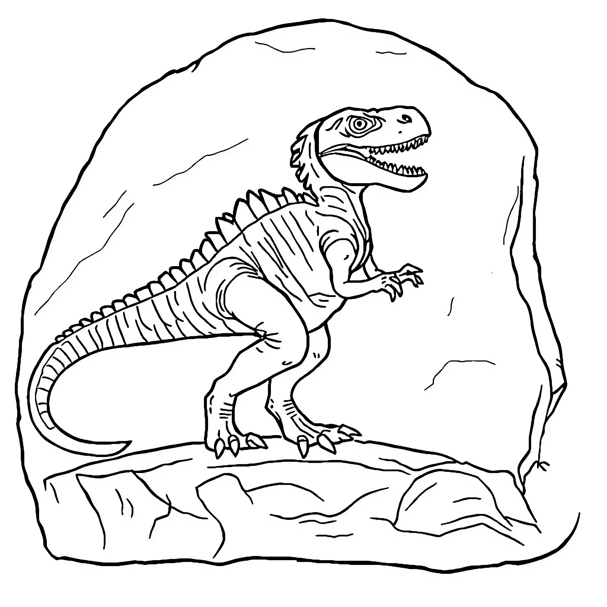 Dinosaur skeleton found in rocky terrain Coloring Page (free black-and-white line drawing printable PDF for all, from beginners to advanced learners, including children, teens, adults, and seniors)