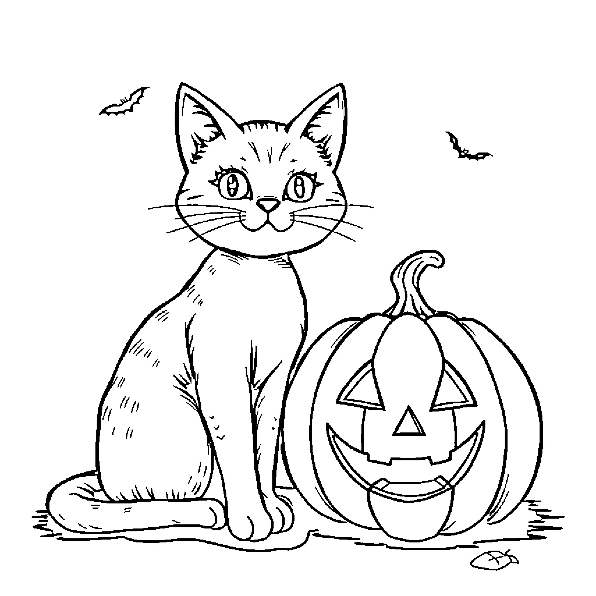 Cat with Halloween pumpkin and bats Coloring Page (free black-and-white line drawing printable PDF for all, from beginners to advanced learners, including children, teens, adults, and seniors)