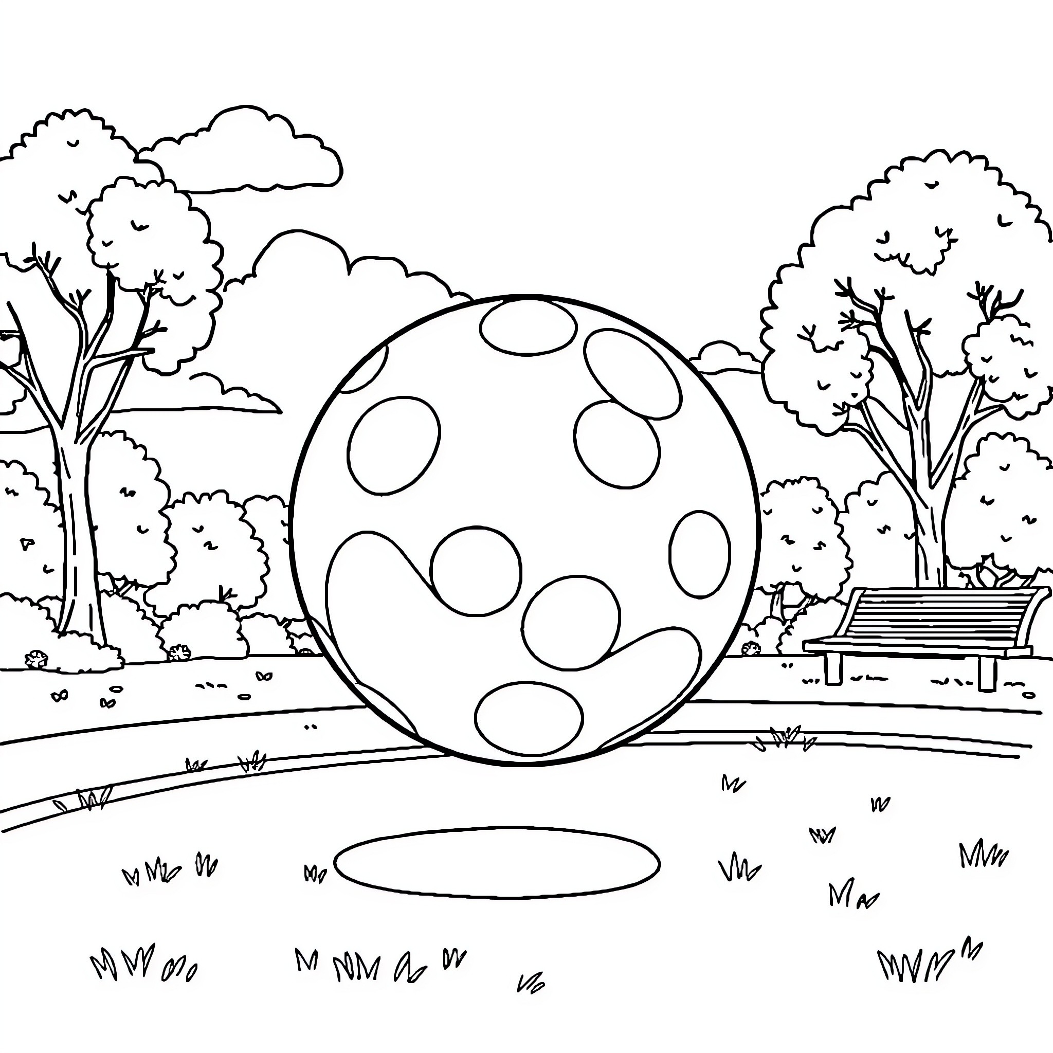 Ball rolling through peaceful park landscape Coloring Page (free black-and-white line drawing printable PDF for all, from beginners to advanced learners, including children, teens, adults, and seniors)