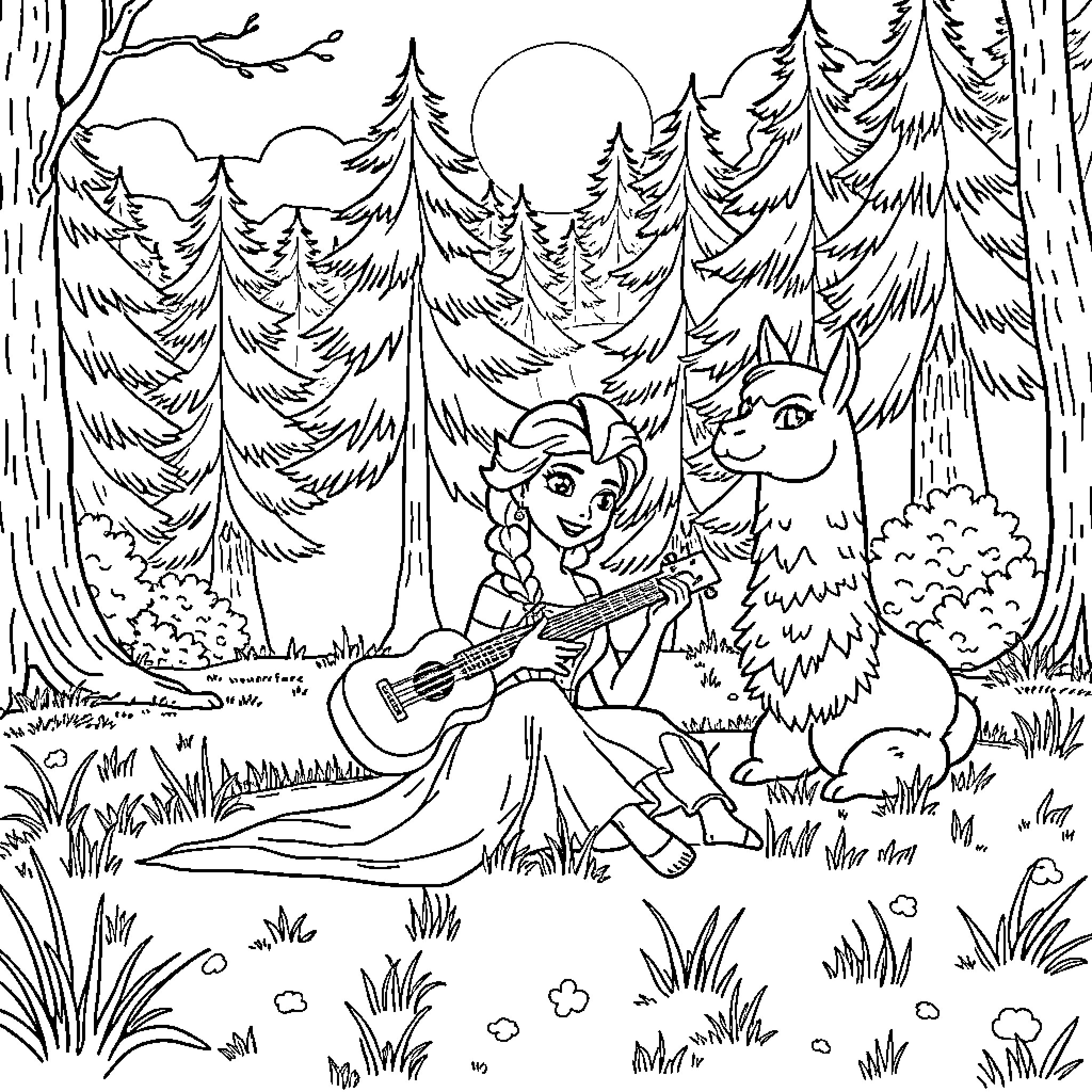 Elsa playing guitar in the forest with friends Coloring Page (free black-and-white line drawing printable PDF for all, from beginners to advanced learners, including children, teens, adults, and seniors)
