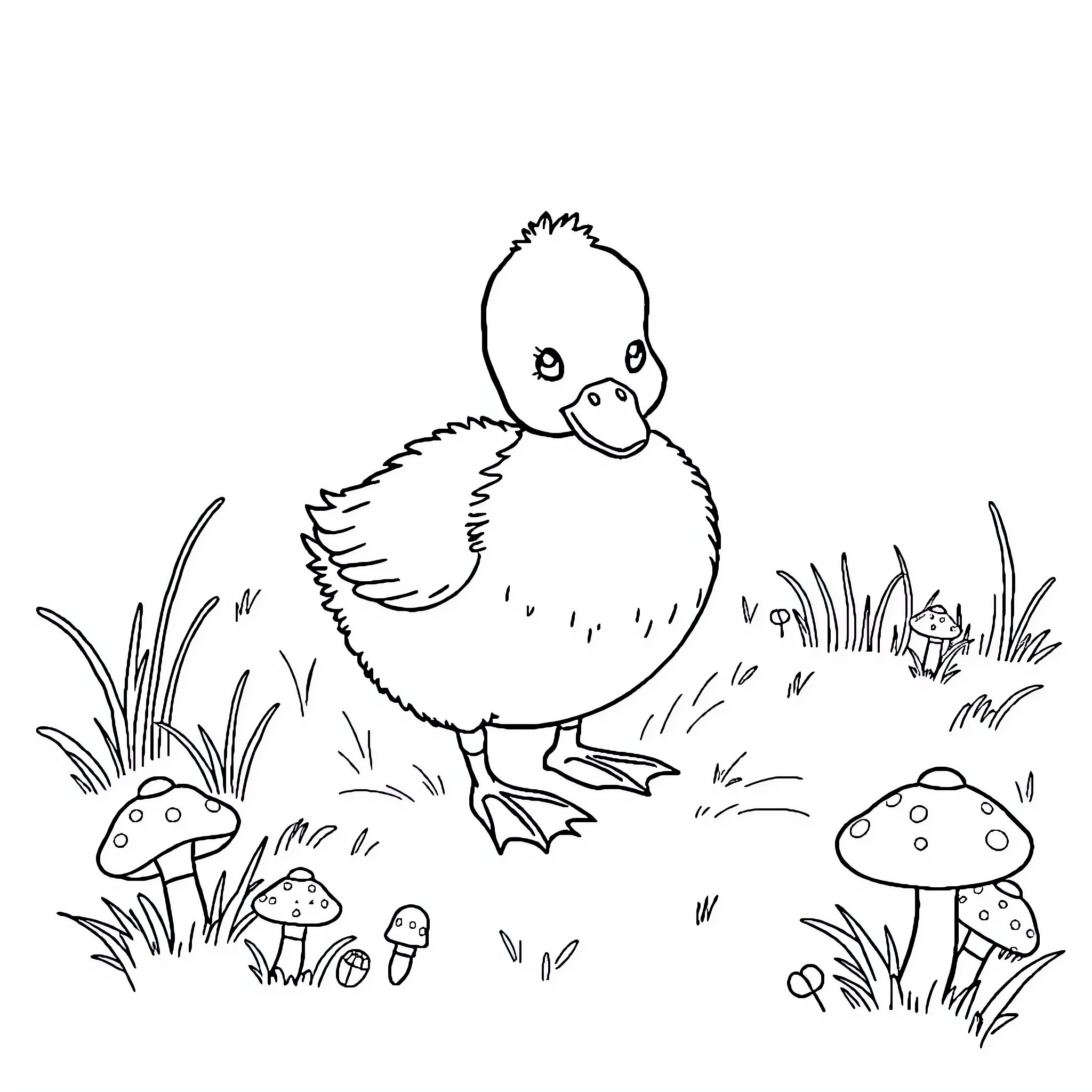 Duck exploring the forest with mushrooms Coloring Page (free black-and-white line drawing printable PDF for all, from beginners to advanced learners, including children, teens, adults, and seniors)