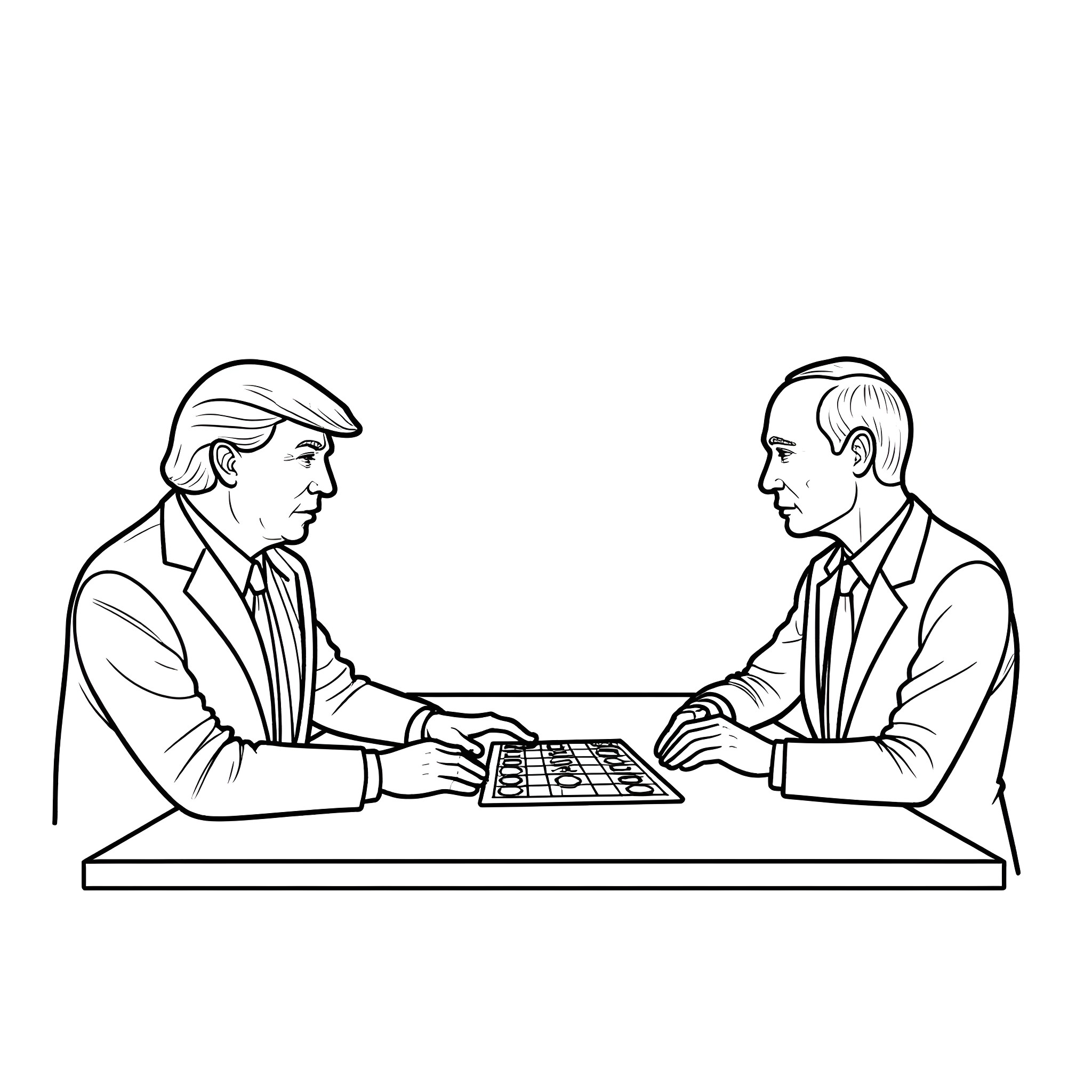 Trump and Businessman playing Chess or Checkers Coloring Page (free black-and-white line drawing printable PDF for all, from beginners to advanced learners, including children, teens, adults, and seniors)
