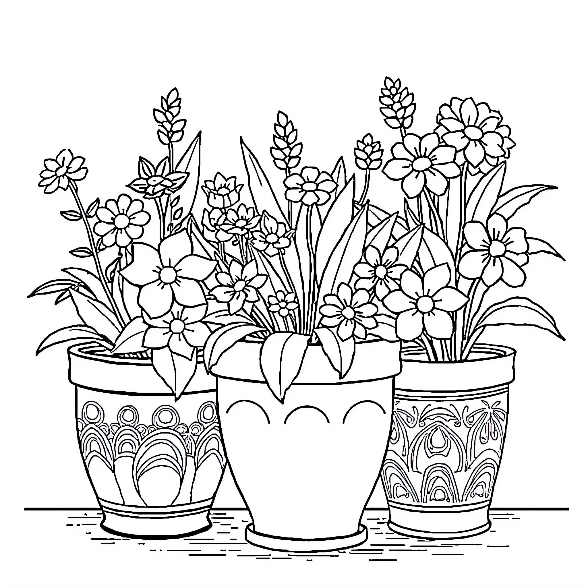 Flower Pots with Beautiful Blooming Flowers Coloring Page (free black-and-white line drawing printable PDF for all, from beginners to advanced learners, including children, teens, adults, and seniors)