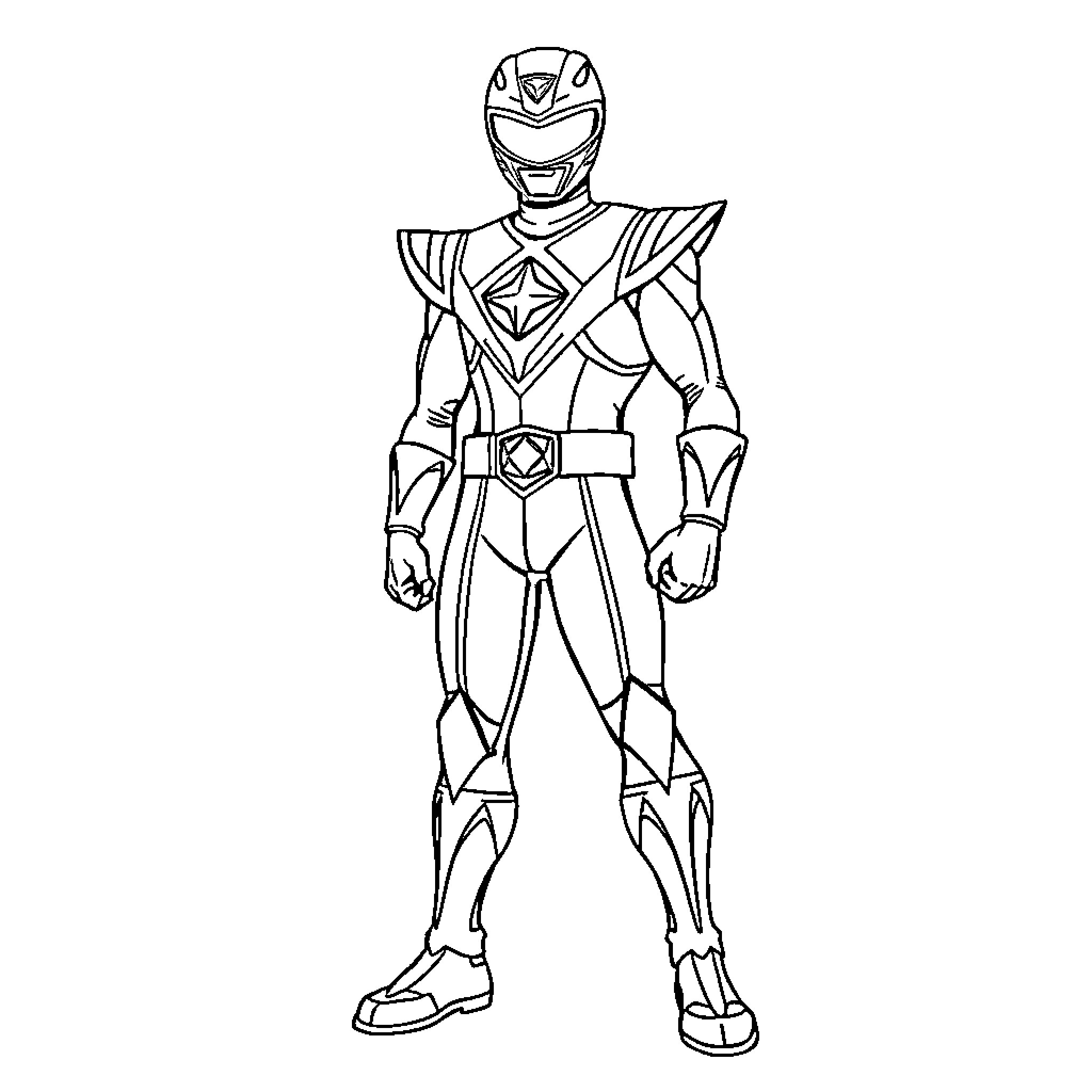 Power Ranger in heroic combat pose Coloring Page (free black-and-white line drawing printable PDF for all, from beginners to advanced learners, including children, teens, adults, and seniors)