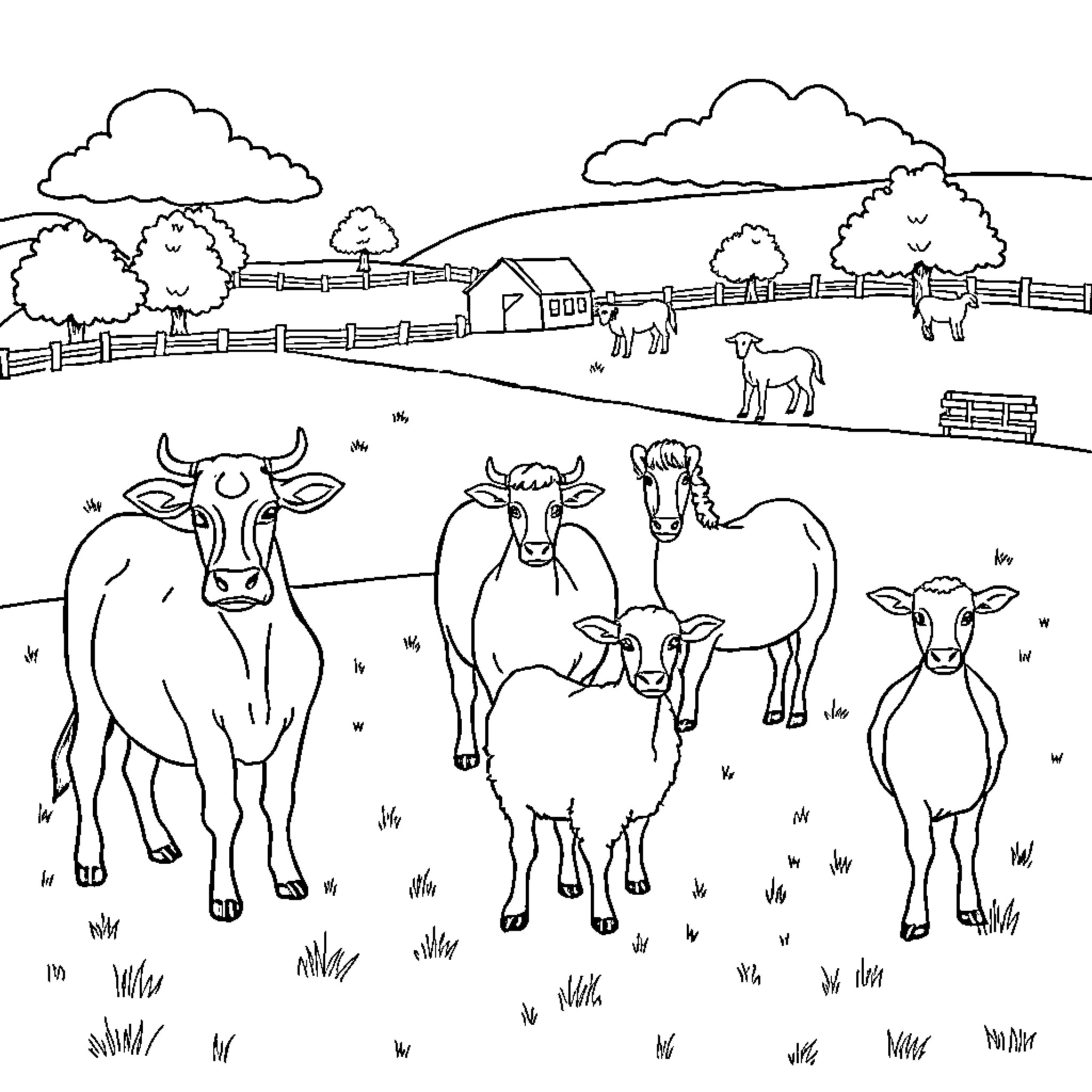 Farm Animals Grazing Peacefully in Countryside Coloring Page (free black-and-white line drawing printable PDF for all, from beginners to advanced learners, including children, teens, adults, and seniors)