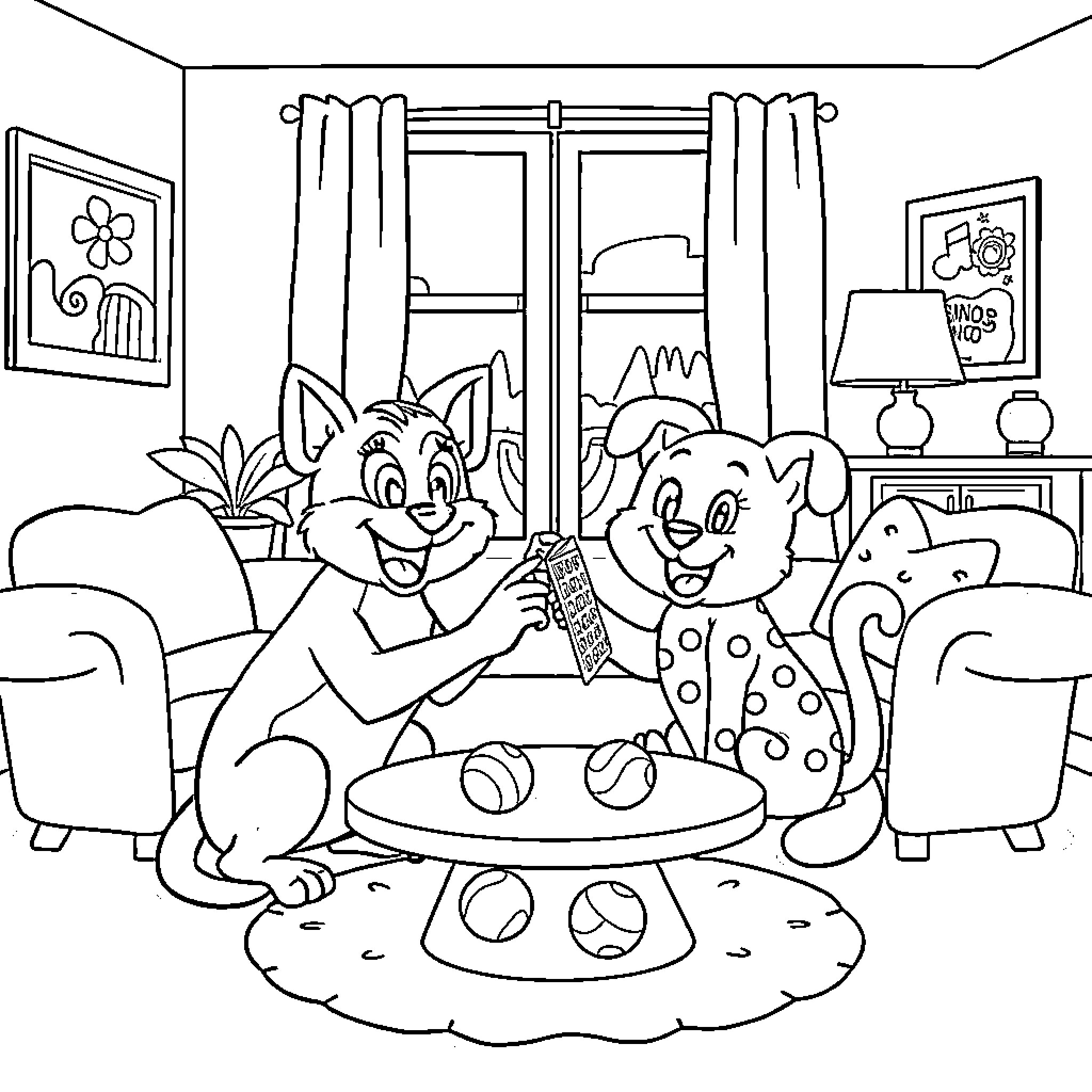 Bluey and friends playing in the living room Coloring Page (free black-and-white line drawing printable PDF for all, from beginners to advanced learners, including children, teens, adults, and seniors)