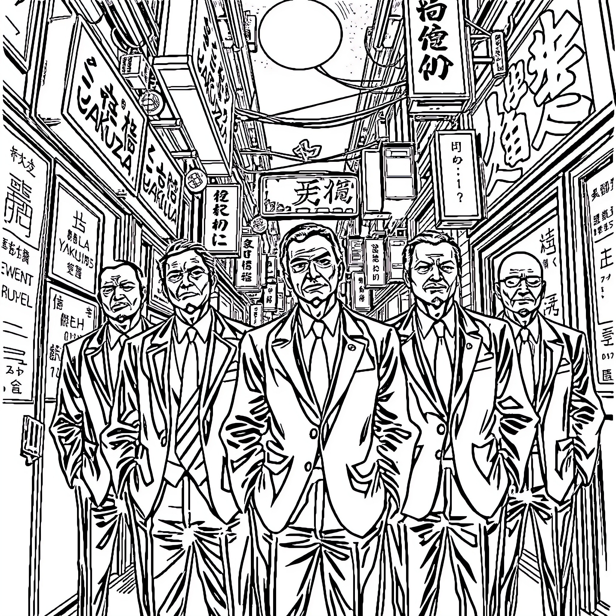 Yakuza Figures Marching Through Neon-Lit Alleyway Coloring Page (free black-and-white line drawing printable PDF for all, from beginners to advanced learners, including children, teens, adults, and seniors)