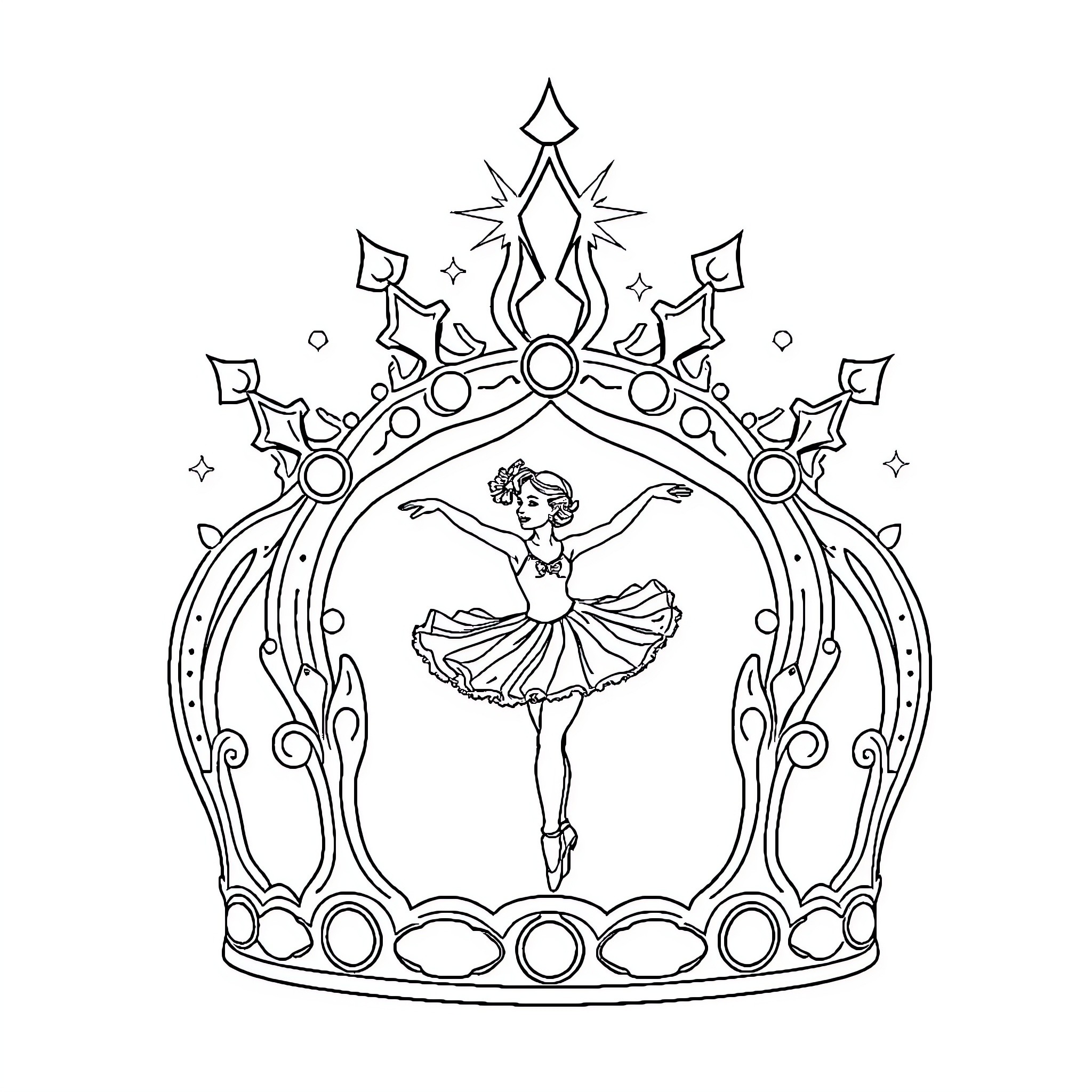 Crown with Ballerina Dancer in Ornate Frame Coloring Page (free black-and-white line drawing printable PDF for all, from beginners to advanced learners, including children, teens, adults, and seniors)