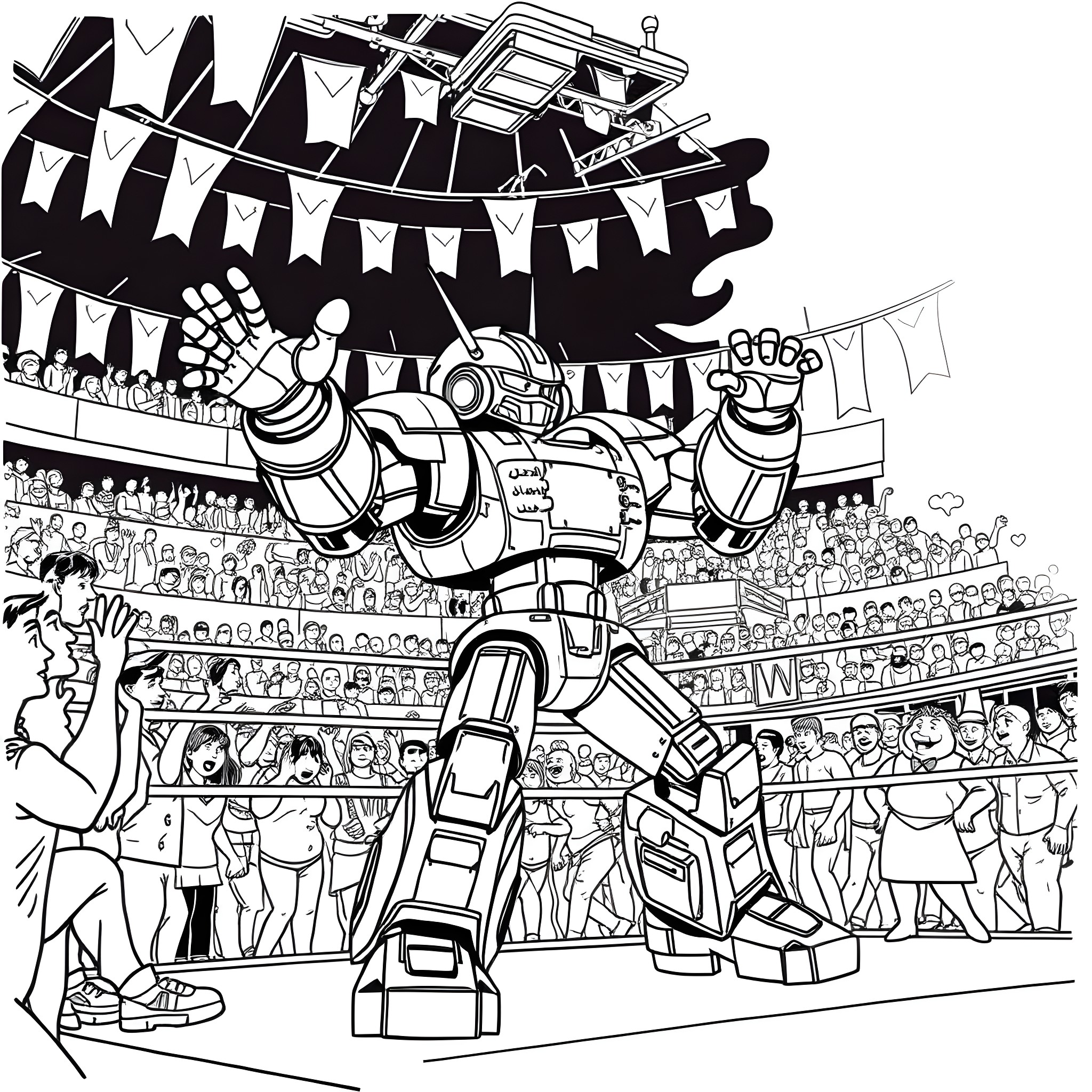 Robot in a Festive Stadium Celebration Coloring Page (free black-and-white line drawing printable PDF for all, from beginners to advanced learners, including children, teens, adults, and seniors)