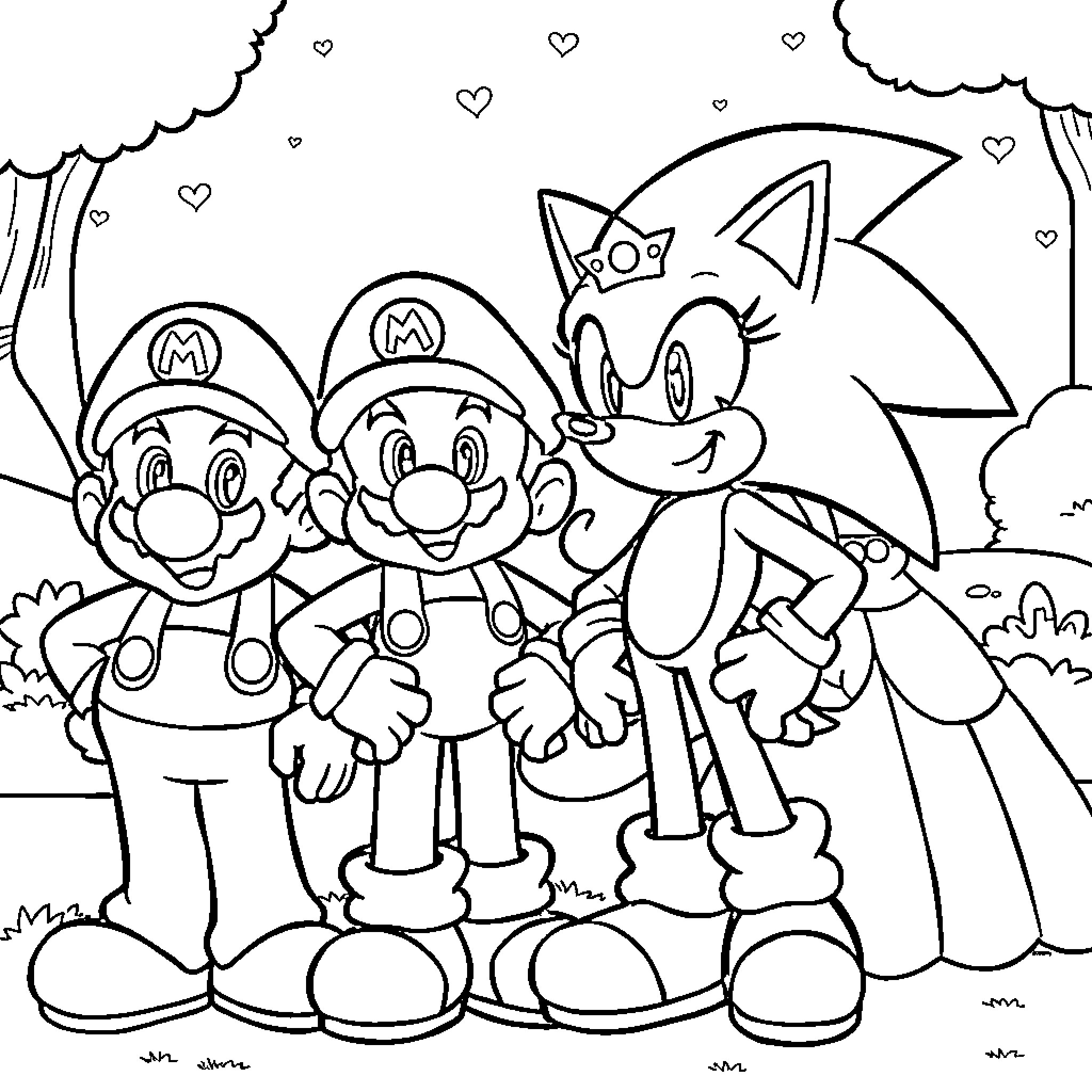 Sonic and Friends Embark on an Adventure Coloring Page (free black-and-white line drawing printable PDF for all, from beginners to advanced learners, including children, teens, adults, and seniors)